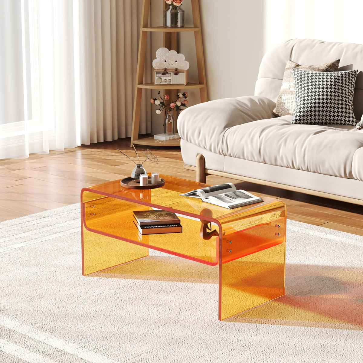 XOHYW Acrylic Coffee Table, Orange Rectangle Side Table Furniture, Modern Tea Table with Open Storage for Living Room, Office Reception and Bedroom