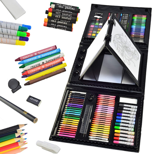 Sunnyglade 185 Pieces Double Sided Trifold Easel Art Set, Drawing Art Box with Oil Pastels, Crayons, Colored Pencils, Markers, Paint Brush, Watercolor Cakes, Sketch Pad