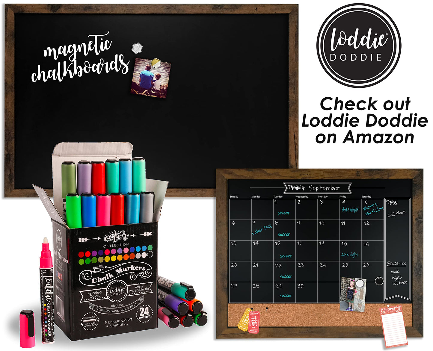 Loddie Doddie Magnetic Chalkboard - 46 in x 34.5 in, Rustic Wood Frame - Menu Board for Kitchen & Magnet Display - Mounting Hardware & Hanging Chalkboard - Meal Planning Chalk Calendar Board for Wall