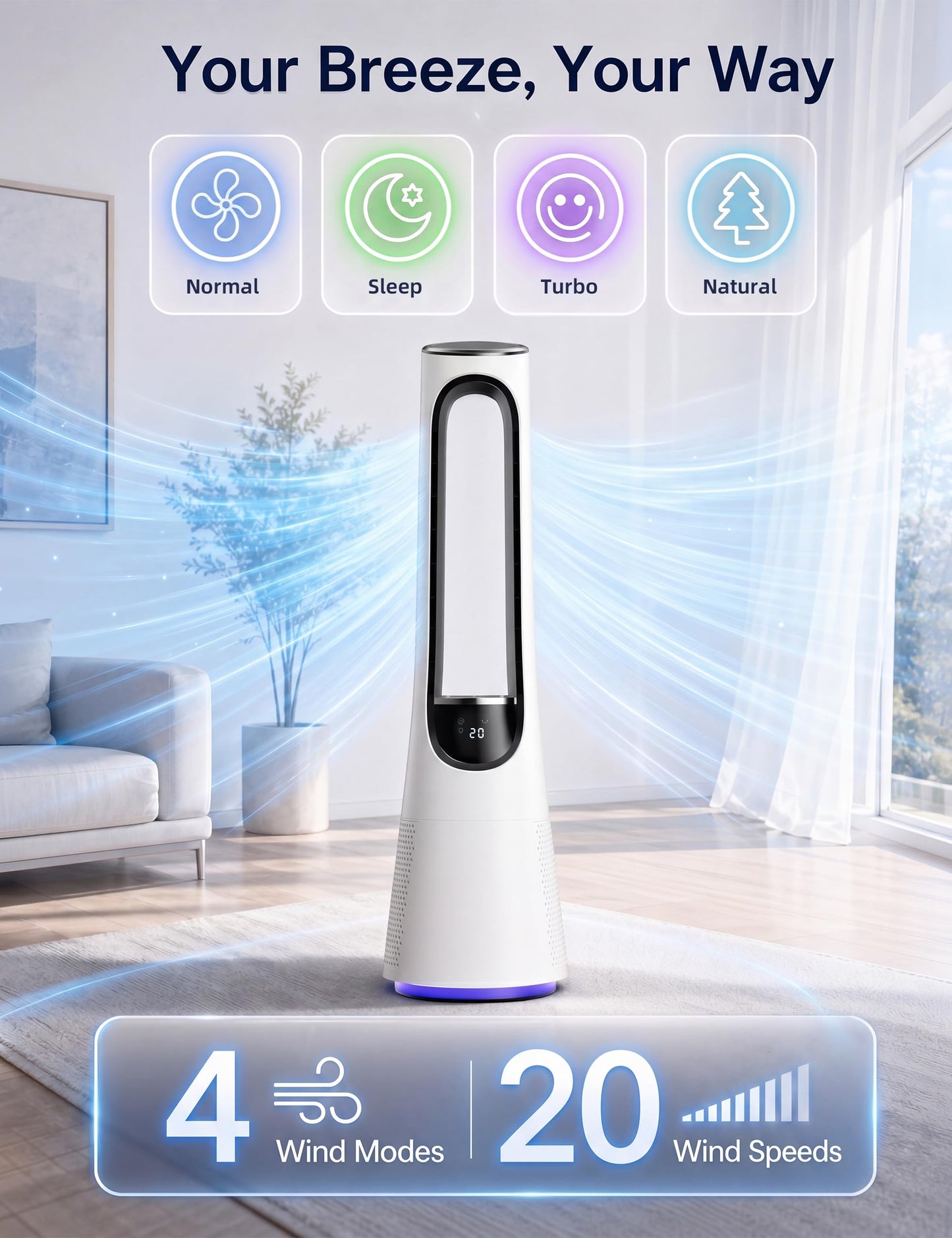 MEPTY 38" Bladeless Tower Fan for Bedroom,Standing Fan with 5-Color LED,120°Adjustable Oscillating,20 Speeds & 4 Modes,Quiet DC Motor,Cooling Fan for Home Office Use