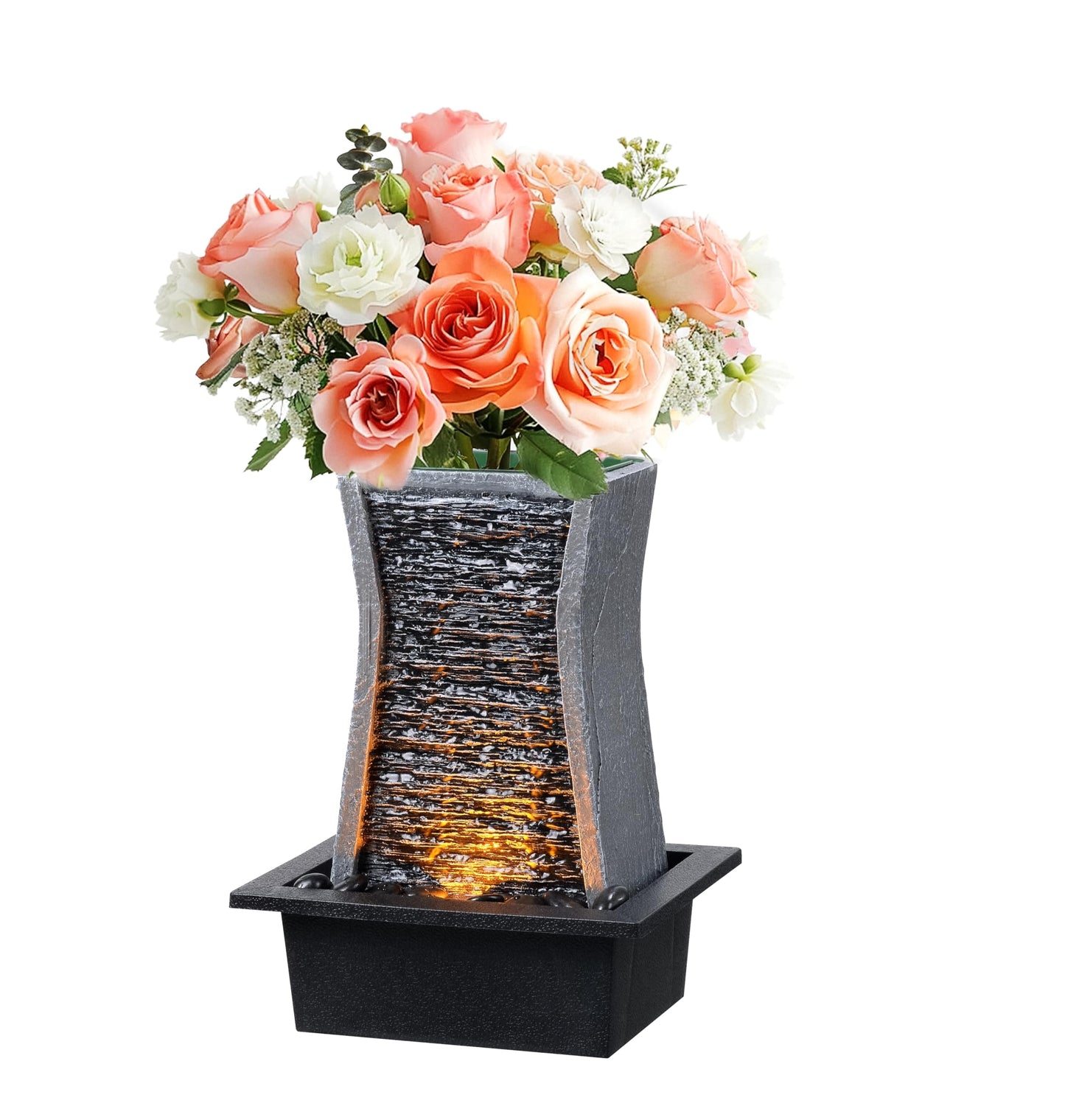 GOSSI Tabletop Water Fountain with LED Lights, Indoor Waterfall Fountain for Home Office Bedroom Decor, Includes Plastic Pots for Plant Growing, Relaxation Desk Accessory (24285)