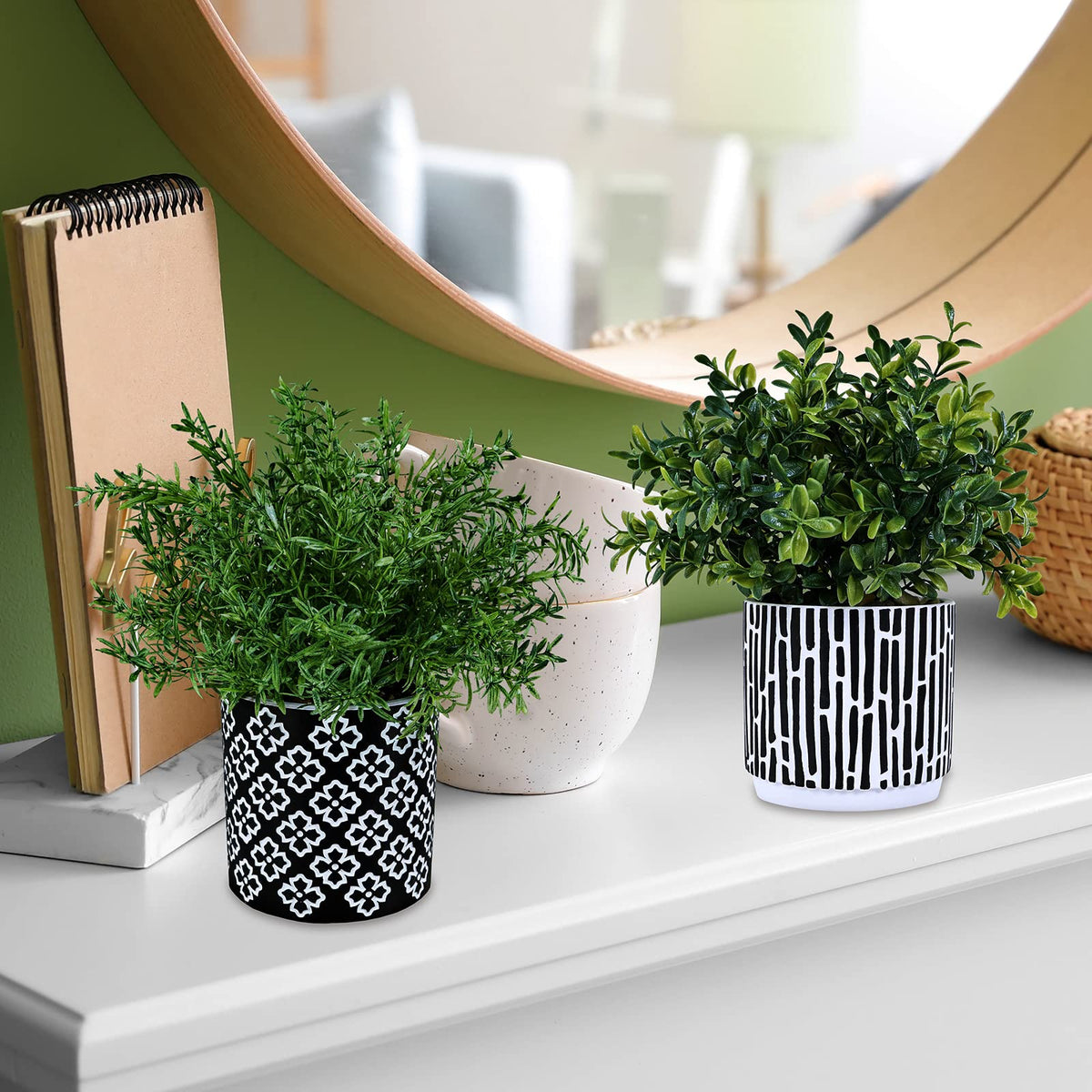 Winlyn 3-Pack Artificial Potted Plants - Faux Eucalyptus, Rosemary, Boxwood Greenery in Small Black & White Geometric Concrete Pots -Desk, Table, Shelf, Windowsill Decor for Indoor Outdoor Home Office