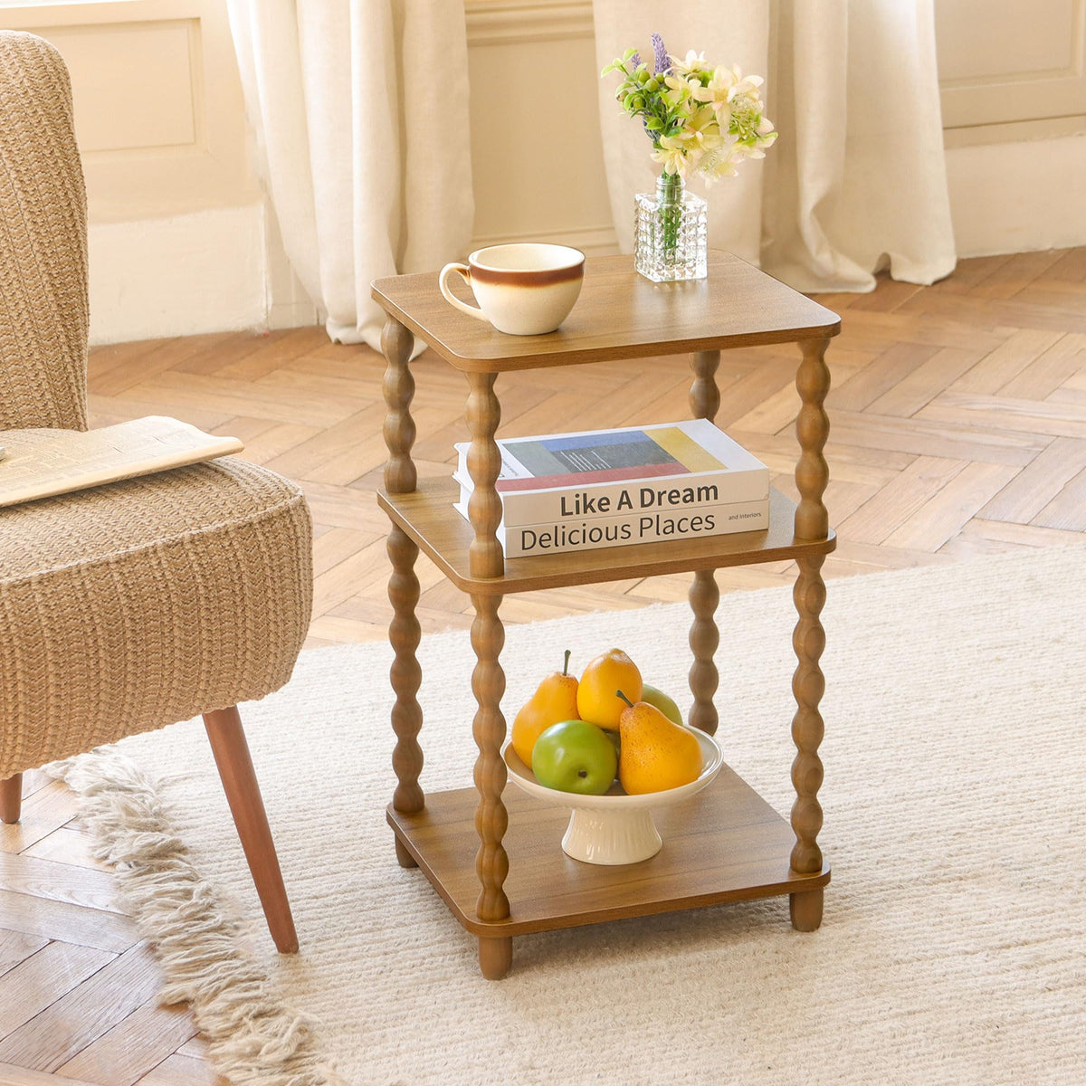 Fultyle End Table, Small Side Table with 3 Tier Open Shelf, Modern NightStand Accent Table for Small Spaces, Living Room and Office (Caramel Tan)