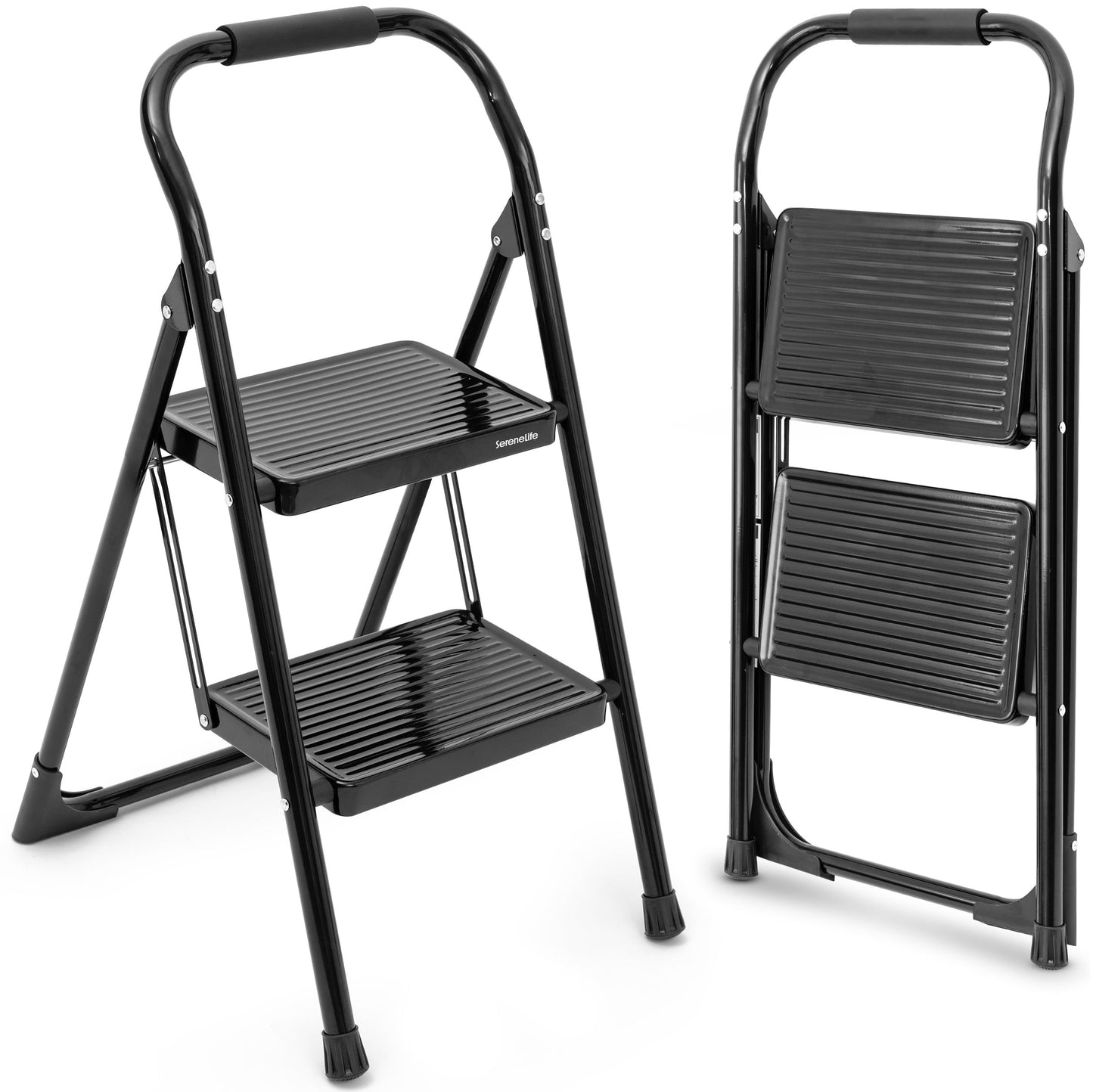 SereneLife 2-Step Ladder, Folding Step Stool for Adults, Wide Anti-Slip Pedal and Handrail, Sturdy Steel Build, 570 lbs Capacity, Portable Step Stool Ladder for Home and Office Use (Black)