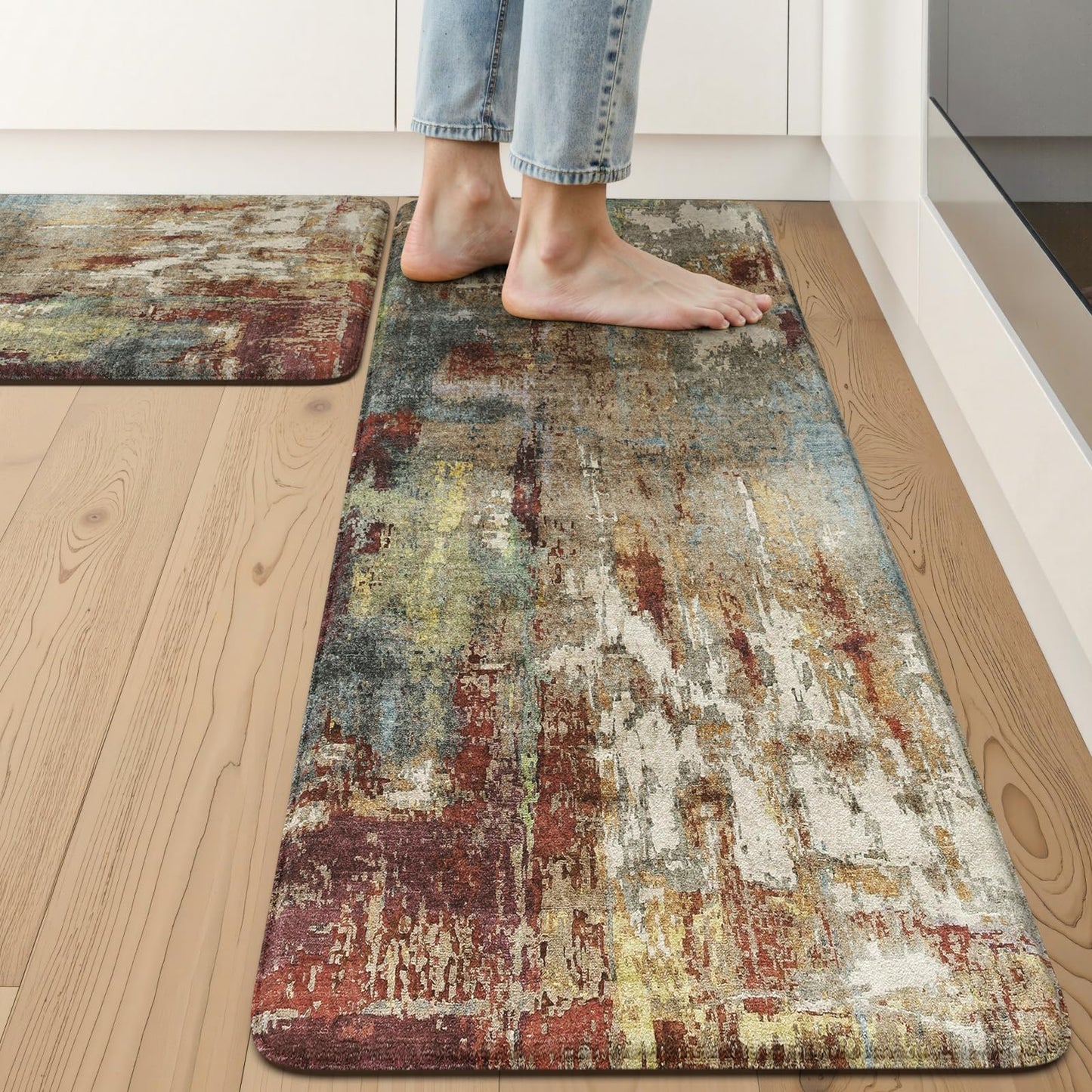 LEEVAN Kitchen Mats Cushioned Anti Fatigue Sets of 2,Non Slip Waterproof Kitchen Mats for Floor,Memory Foam Comfort Abstract Red Kitchen Floor Mat for Sink,Laundry,Home,Office,Desk(17"x29"+17"x47")