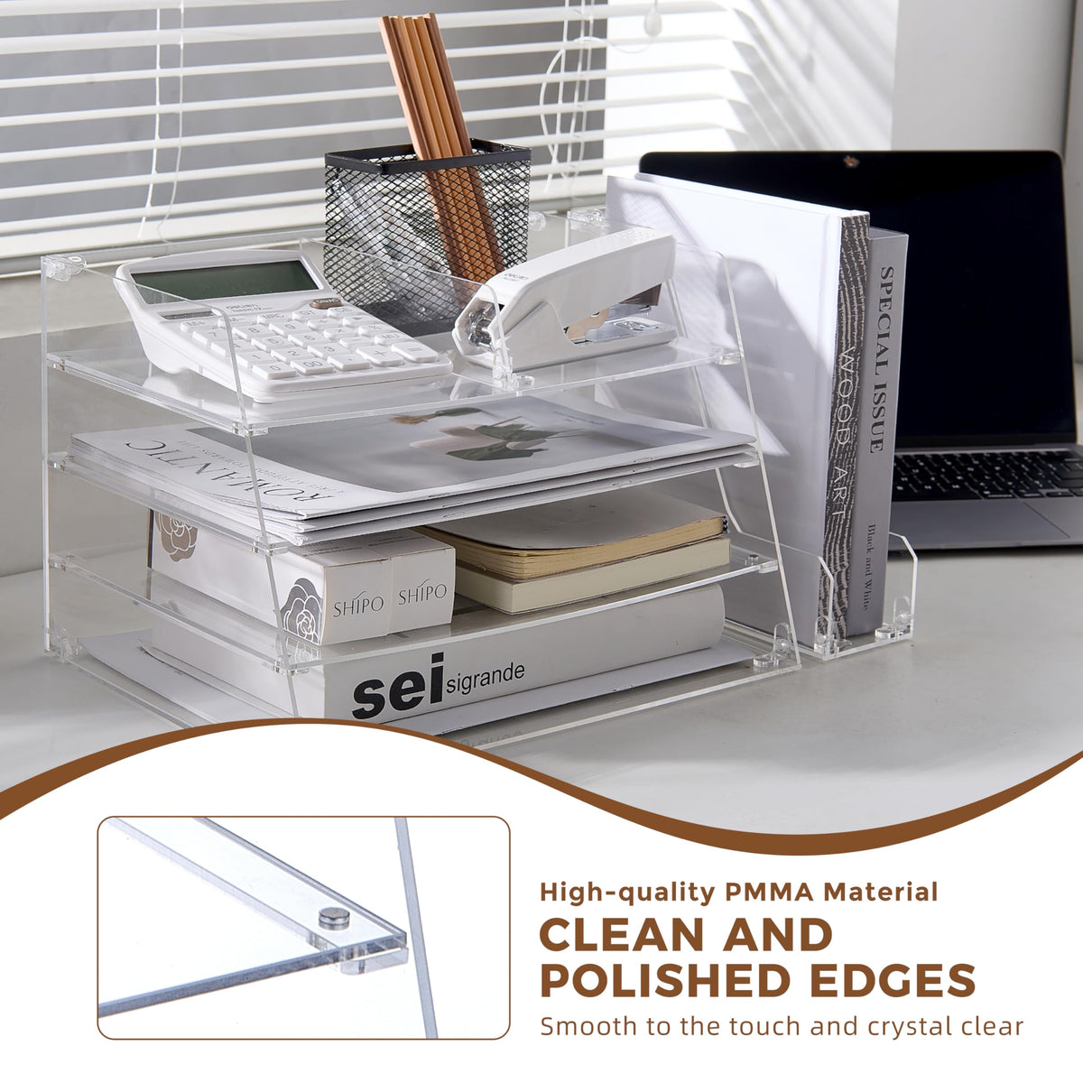 ACRYLATO, Acrylic Desk Organizer - 4-Tier Tray with Vertical File Holder for Books, Stationary, Letter, Magazines, Documents, and File Organizer - Durable Space Saving Storage, For Home and Office
