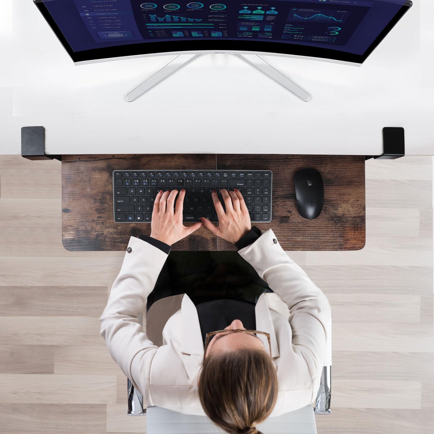 Large 26.77" Keyboard Tray Under Desk with Storage Drawer - Heavy Duty C-Clamp Mount, Ergonomic Computer Keyboard Stand for Home Office, Easy Install (Mahogany)