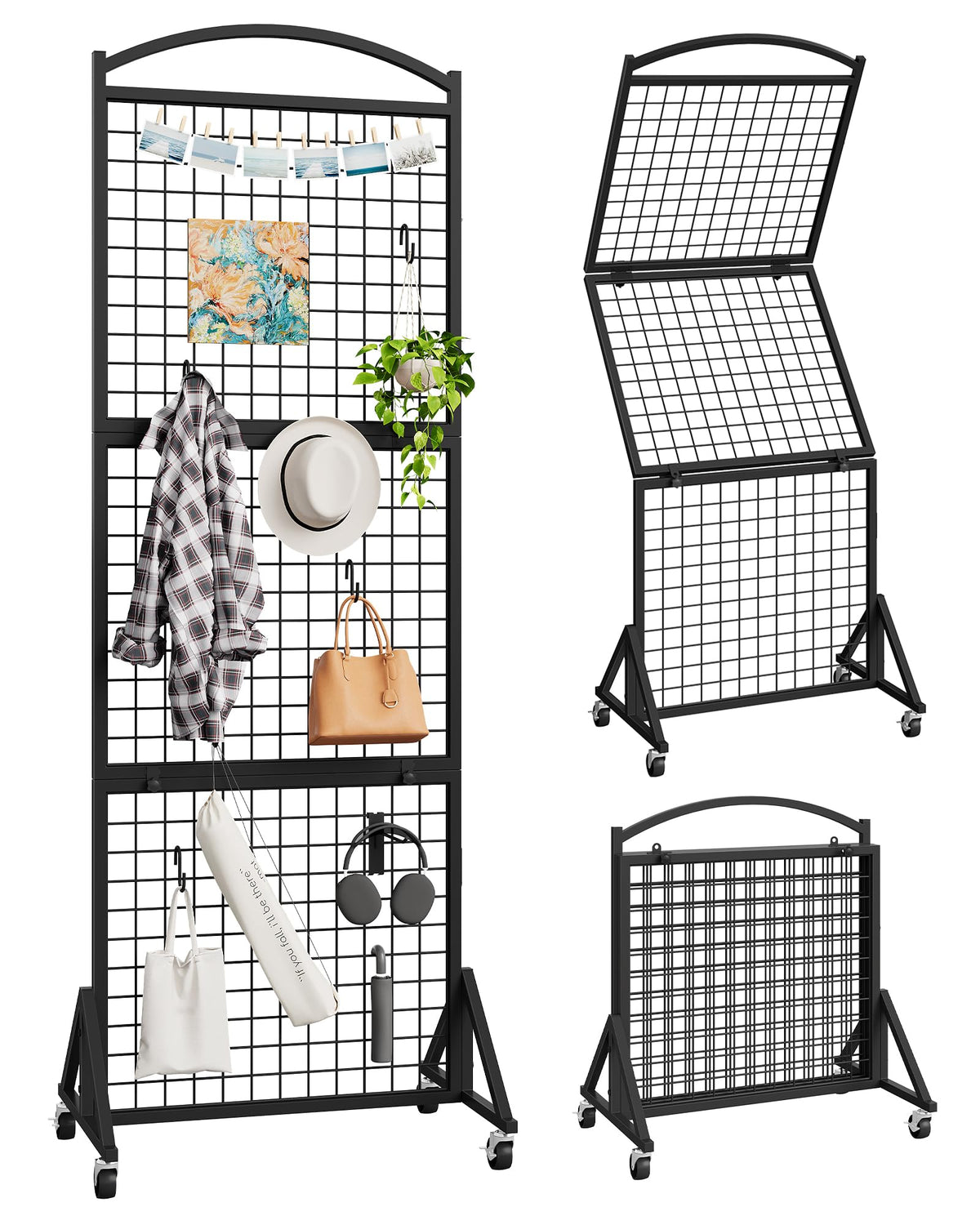 CHOEZON Foldable Grid Wall Panel 1.9' x 5.6' FT, Movable Gridwall Display Rack, Wire Grid Rack on Wheels, Retail Display Stand, with 4 S-Shaped Hooks and 4 Garment Hooks, Black TCJ37BB