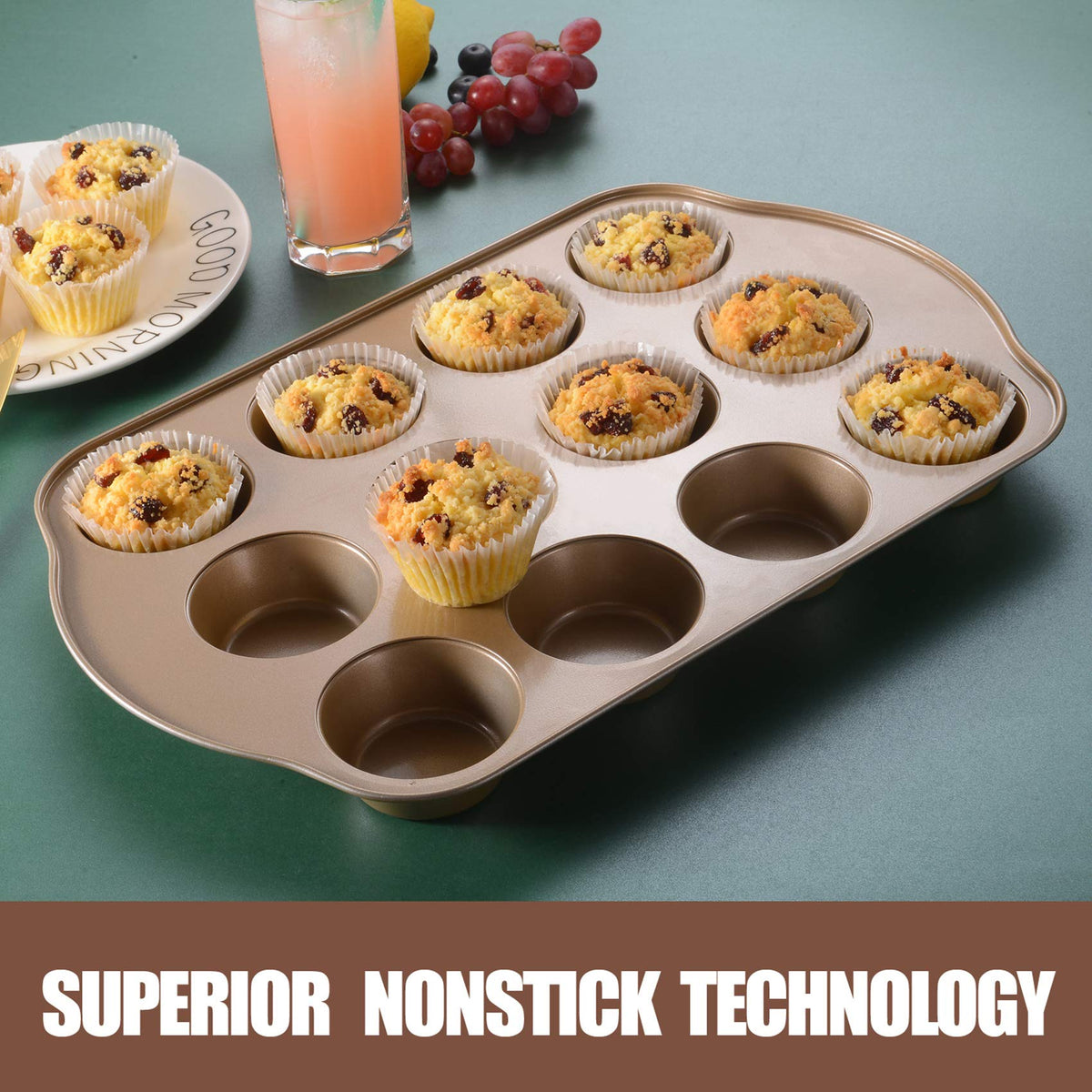 JOHO BAKING Nonstick Muffin & Cupcake Pan Set (2 Pack) - 12 Cup Regular + 24 Cup Mini Muffin Tins | Heavy Duty Gold Carbon Steel, Rust-Resistant, Easy Release