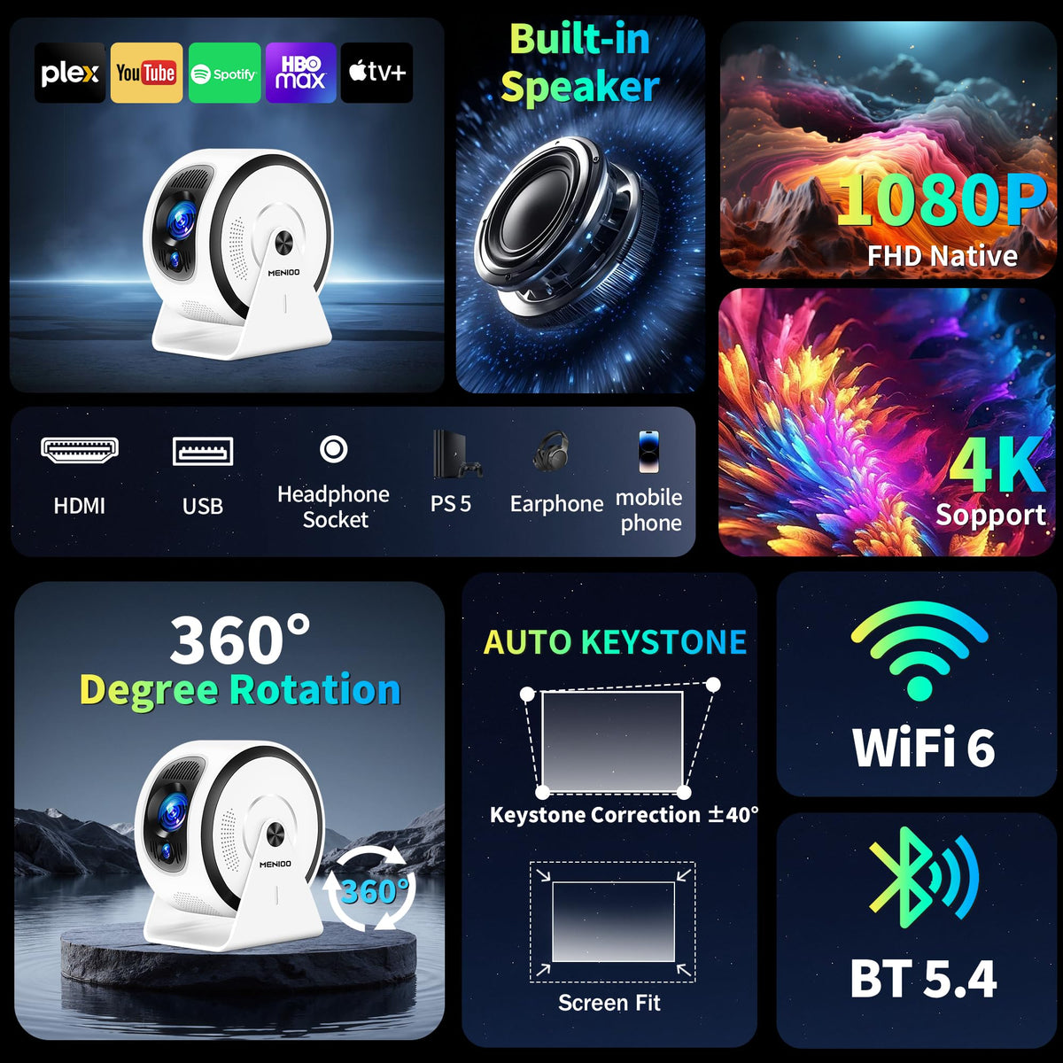 Mini Projector 4K 1080P [Built-in Apps] 2026 Upgraded Projector Portable, Auto Focus & Auto Keystone 360° Rotatable, with WiFi 6 & Bluetooth 5.4 Compatible with HDMI/TV Stick/USB/Laptop,White