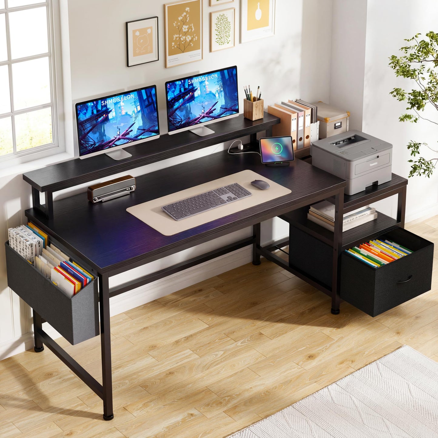 EnHomee 56.5" Black Computer Desk with File Drawers and Printer Space,Office Desk with Power Outlets and Monitor Stand,Gaming Desk,Study Desk, Writing Desk, Bedroom Desk