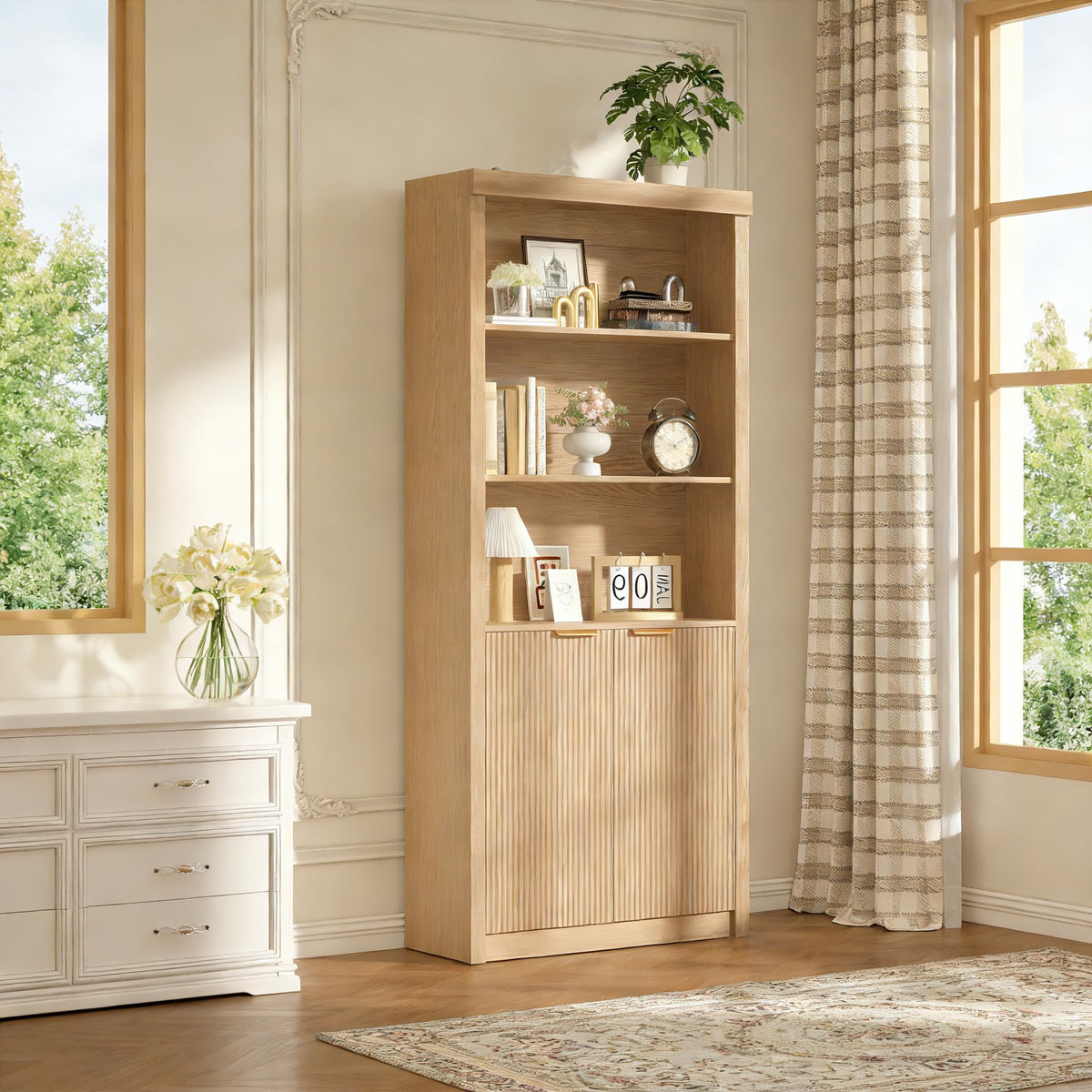 Modern Tall Book Shelf and Bookcase, 31.5"Wide Bookshelf with Doors, Farmhouse Book Case with Adjustable Top Shelf, Wood Storage Cabinet with 5 Tier Display Shelves for Home Office, Living Room,Oak
