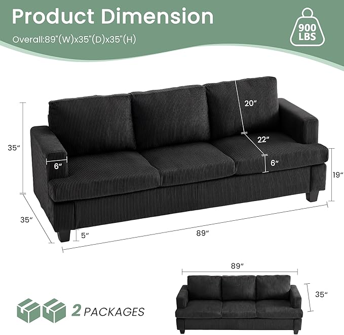 3 Seater Corduroy Couch for Living Room, 89” Black Cloud Sofa, Deep Seat Floor
