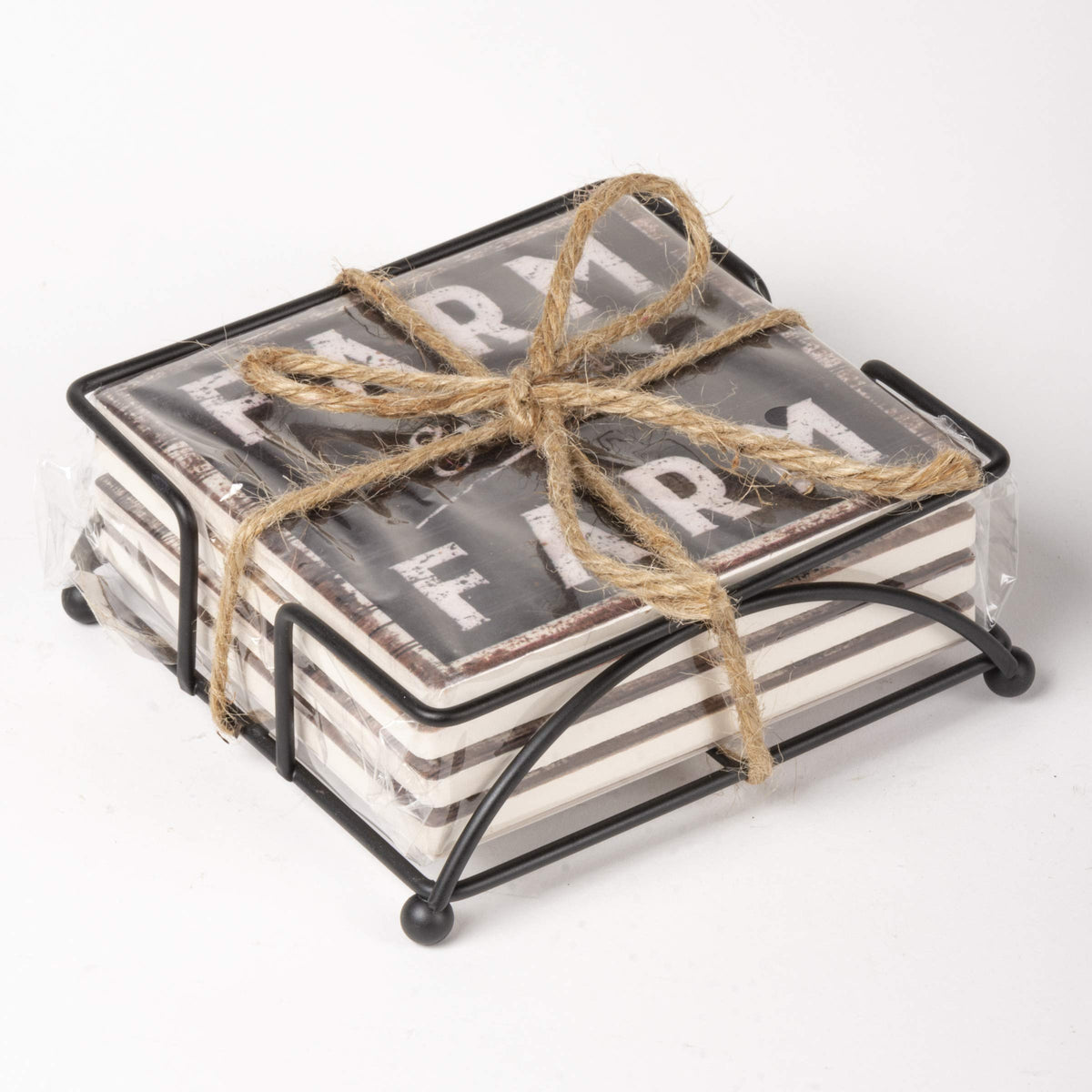 Primitives by Kathy Set of 4 Absorbent Stone Coasters, Rustic Farmhouse Coaster Designs, Farm Sweet Farm, Includes Wire Holder, Slatted Wood Style with Distressed Details, 4 by 4 Inches Each