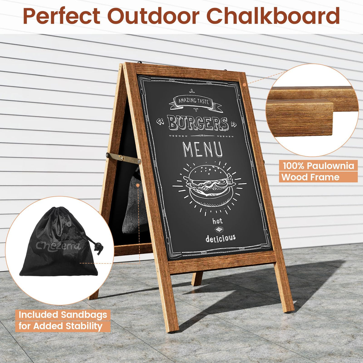 Chezerra A Frame Chalkboard Sign, 40"x20" Extra Large Sidewalk Chalk Board, Wooden Standing ChalkBoards Set with Markers, Double-Sided Magnetic Blackboard for Cafés, Weddings, Party Guide, Brown