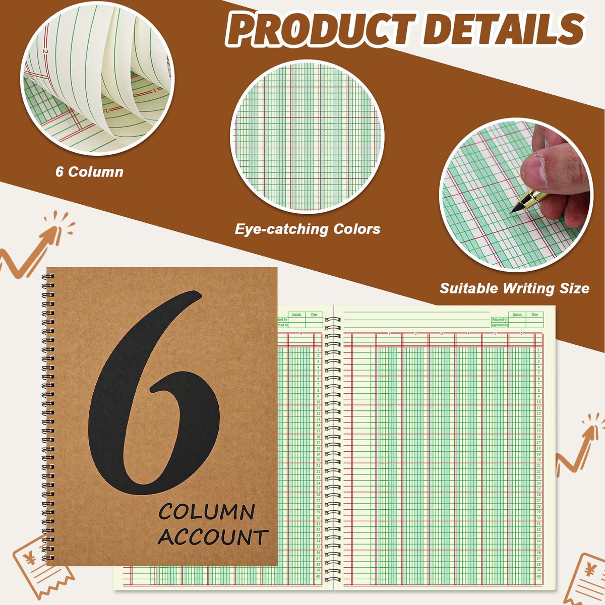 6 Column Ledger Book Columnar Pad Analysis Pad 6 Columns Accounting Logbook Columnar Pad Notebook Ledger Book Spiral 80g 100 Pages 8.5X11 Inch Accounting Notebook for Small Business Personal Use