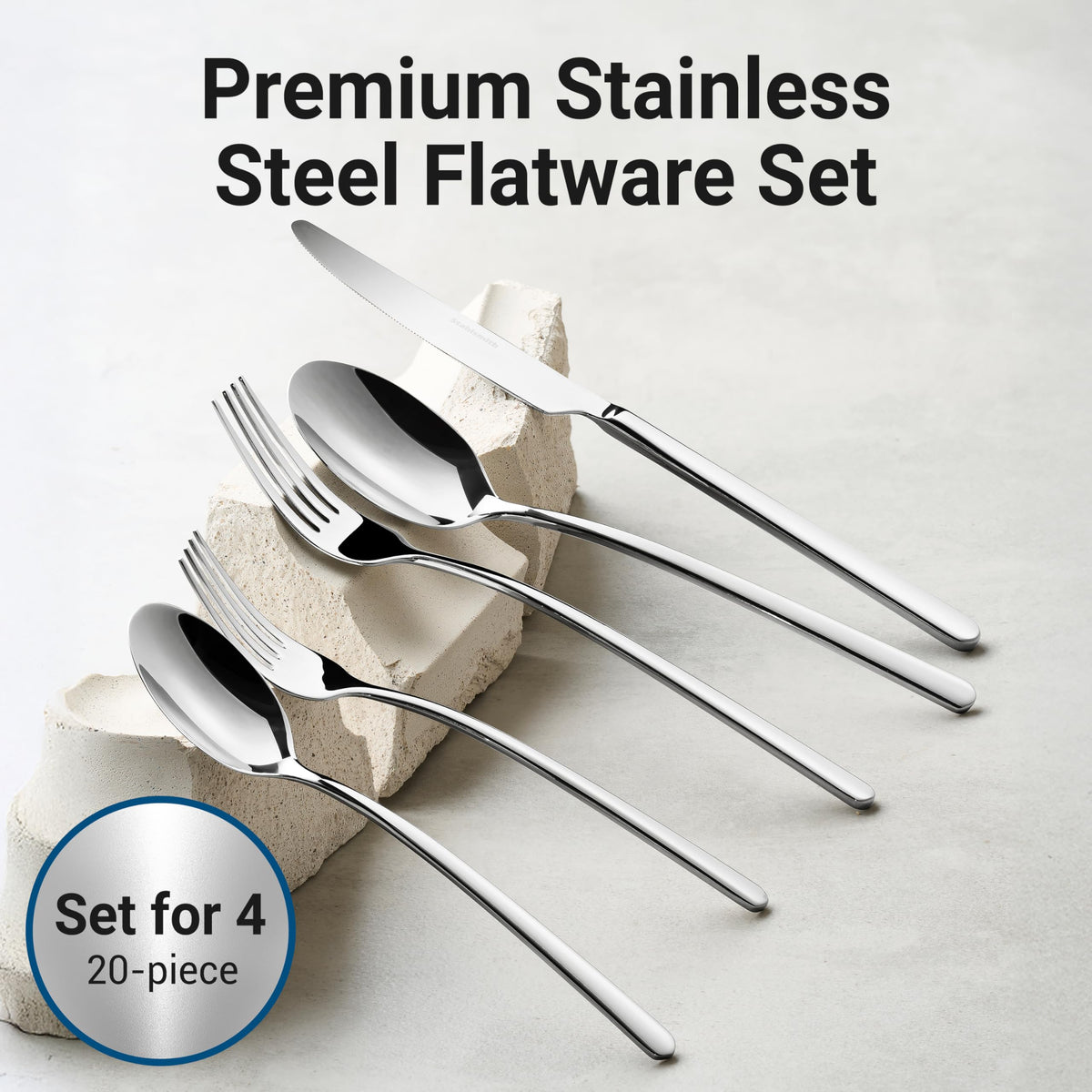 Stahlsmith Riesa Flatware Set for 4, 20-Piece 18/10 Stainless Steel Silverware Set, Modern Cutlery Set with Mirror Finish, Dishwasher Safe Kitchen Utensils, House Warming Gifts New Home