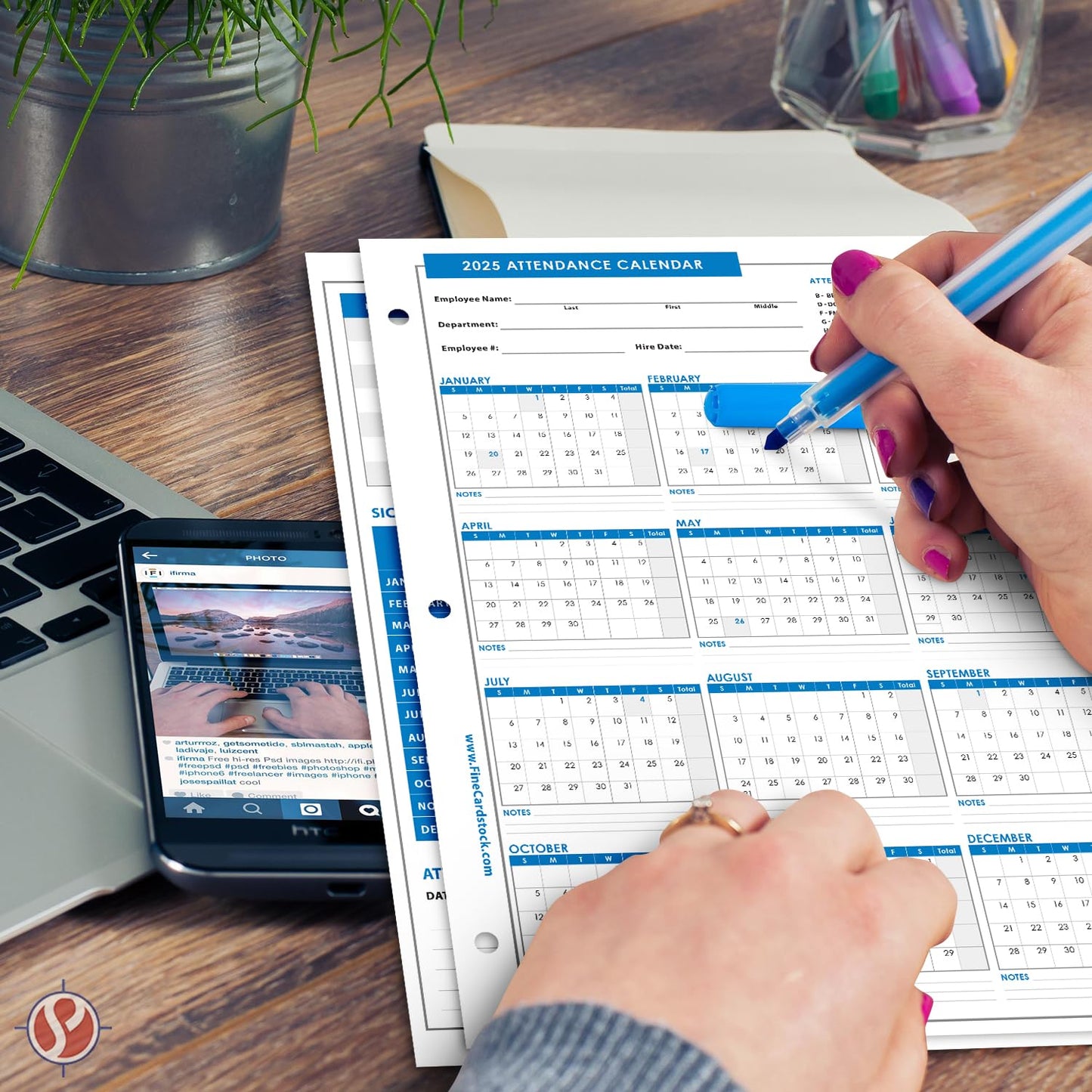 2025 Attendance Calendar Card Stock Paper – Great Employee Work Tracker | Printed on Durable and Thick 80lb (216gsm) Cardstock | 8 ½ X 11 | 25 Sheets per Pack
