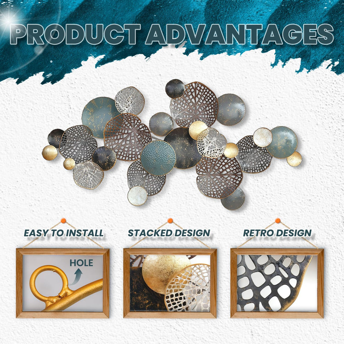 ZZYYZZ Large Metal Wall Decor, Boho Lotus Leaf Metal Wall Decoration, 3D Stacked Flower Wall Art Décor, Nautical Coastal Outdoor Wall Decor, for Living Room Bedroom Dining Room, 52.5" x 26.5"