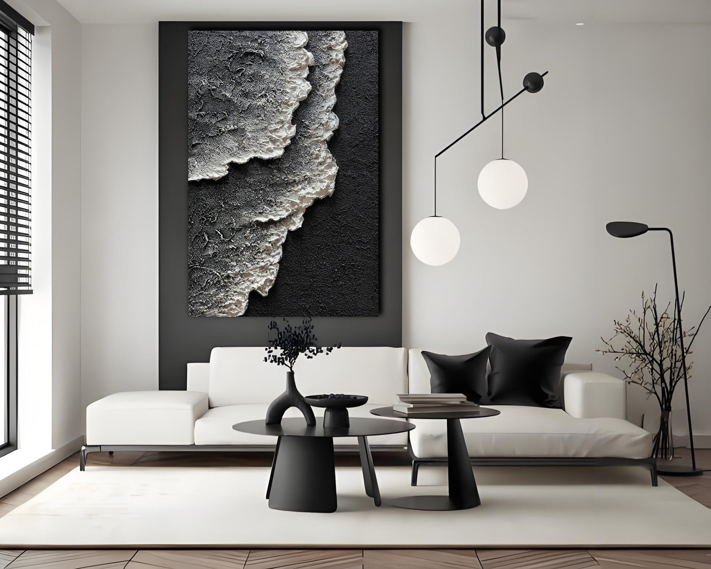 moshinart 24 x 36in Hand-Painted Oil Painting 3D Texture Black White Grey Modern Minimalist Black Abstract Wall Art, Home Office Wall Decoration Sea Wave 7