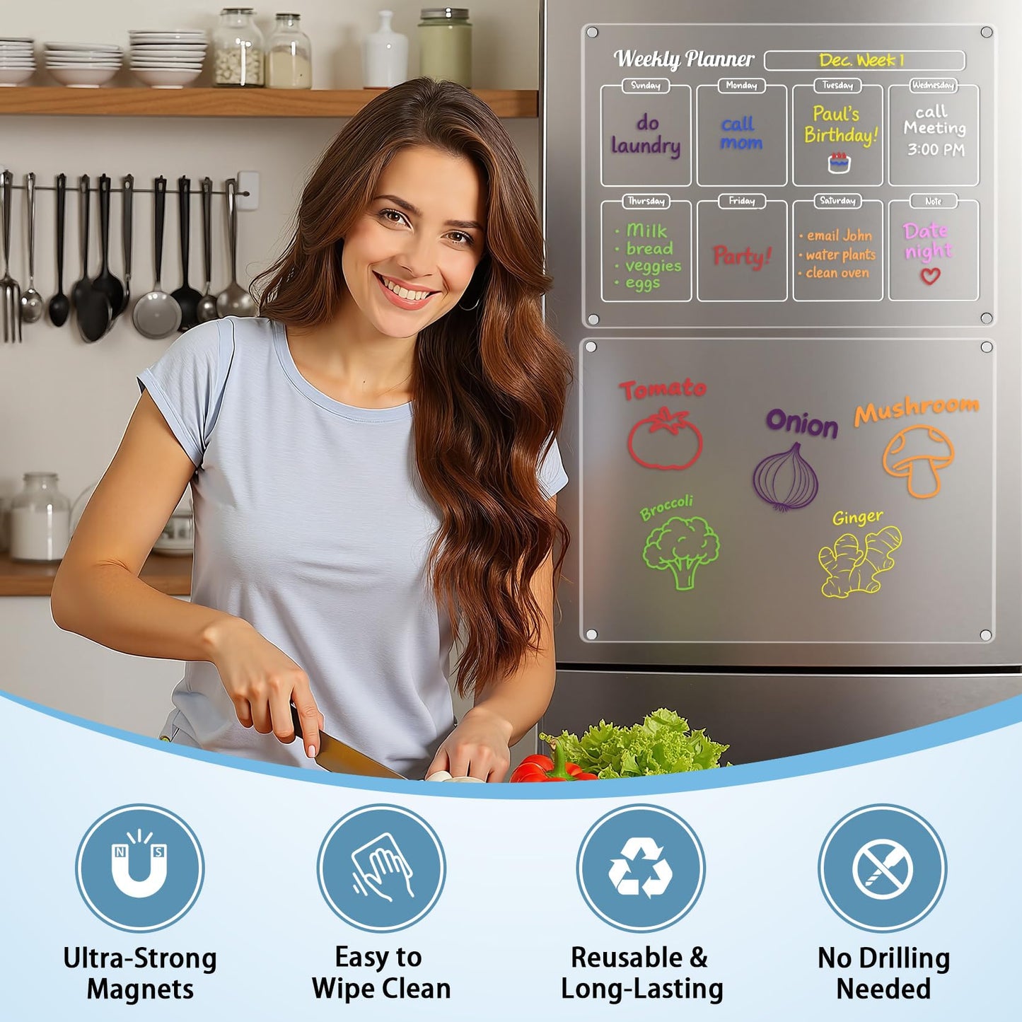 Grtard 3 Pack Acrylic Calendar for Fridge, Magnetic Calendar for Refrigerator, 16"x12" Dry Erase Whiteboard Fridge Calendar,2026 Clear Monthly Weekly Daily Memo Planning Board with 8 Markers