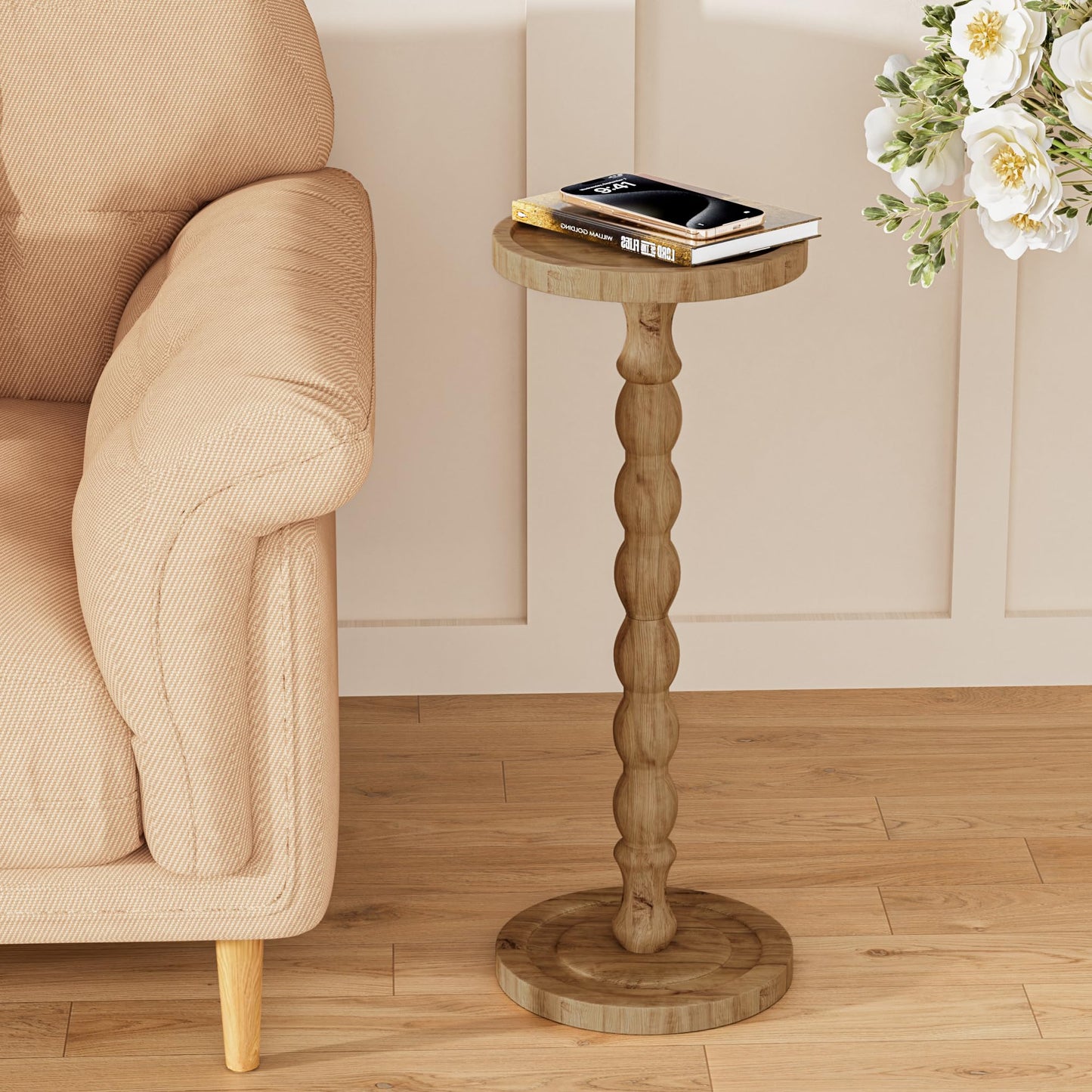 iFaveorr Small Side Table, Rubberwood‌ Drink Table for Small Spaces, Solid Wood Pedestal Coffee Tables, Round End Tables for Living Room, Sofa Couch, Bedroom, Corners, and Office (Brown, 9.4 inch)