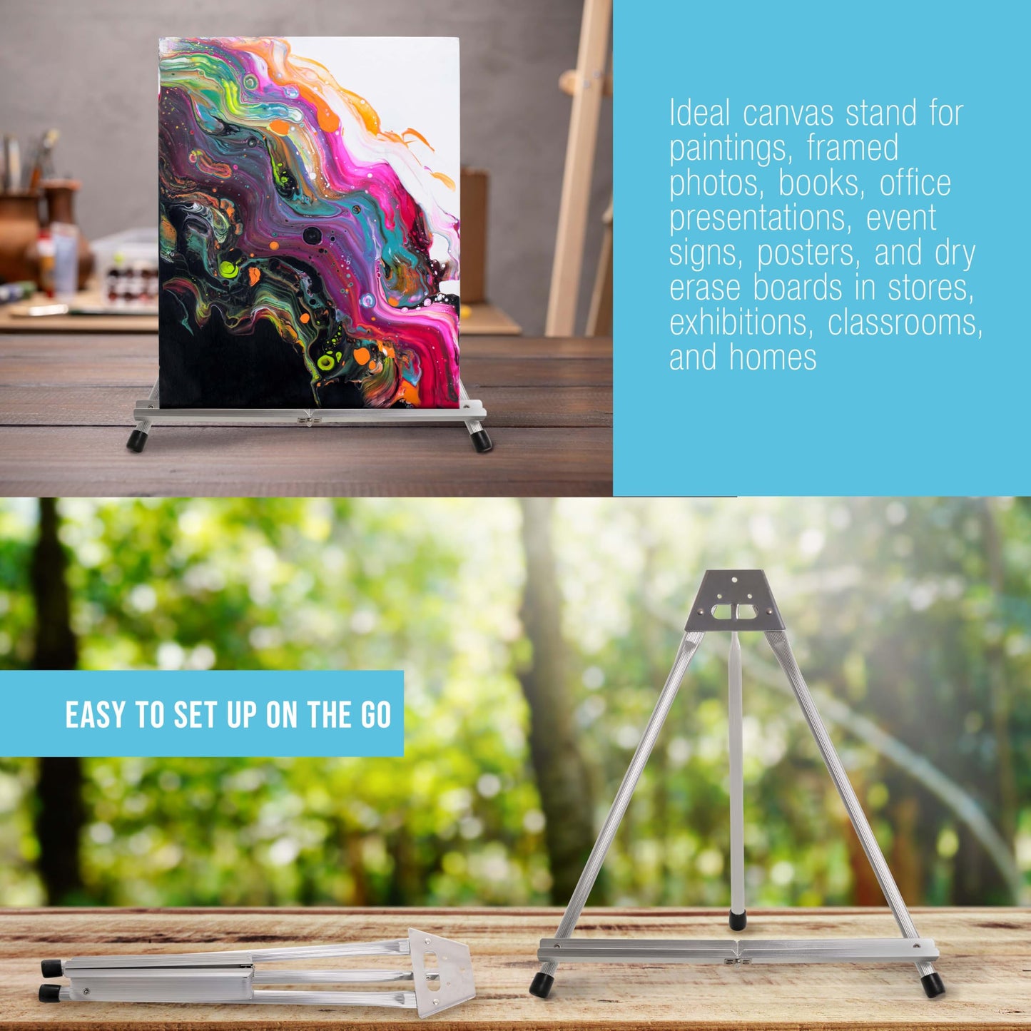 U.S. Art Supply 15-Inch Aluminum Tabletop Easel for Painting - Silver, Lightweight Portable Tripod Art Easel Stand for Sign Display Painting Canvas, and Whiteboards