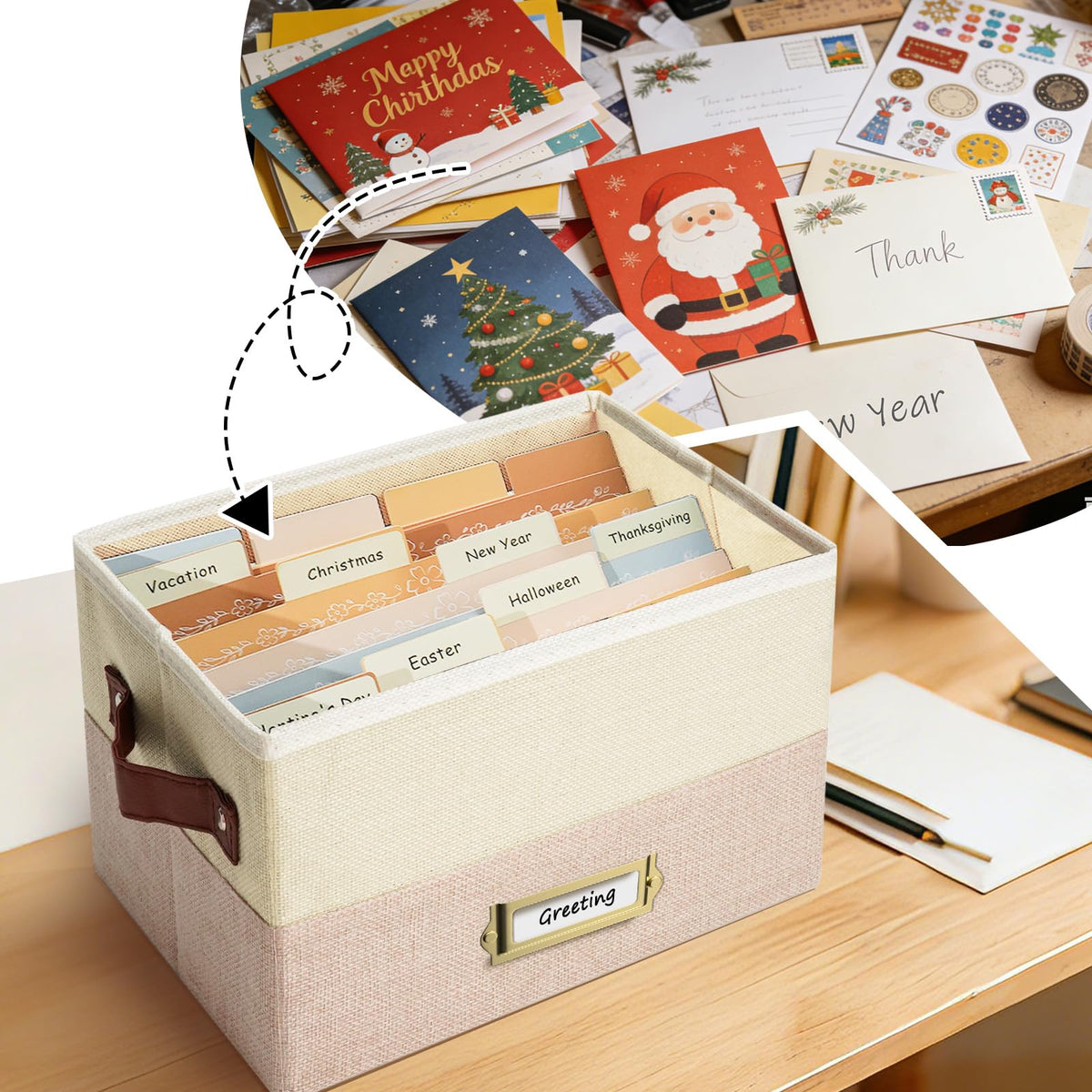 Remowith Greeting Card Organizer, Linen Storage Box with 20 Removable Dividers, 84 Labels & 1 Marker, Perfect for Greeting Cards, Photos, Envelopes, Stickers, Postcards, Beige&Khaki