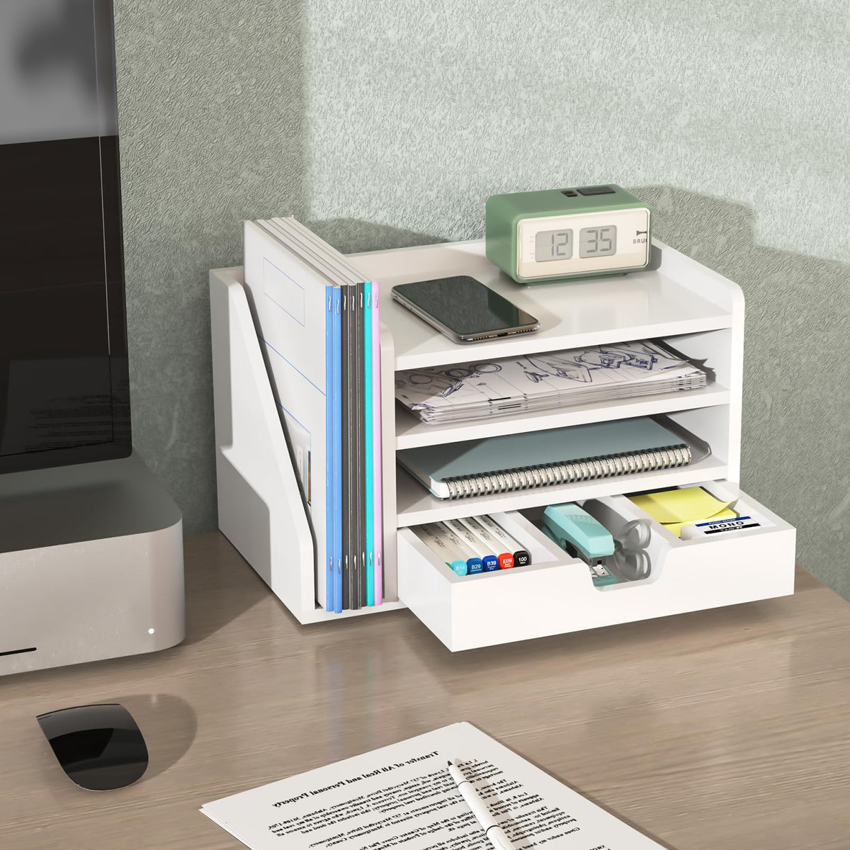 NiOffice Multi-Tier Wood Desk File Organizer with Side File Rack, 3 Tray Shelves & Adjustable Drawer - Space-Efficient Design Easy to Assemble for Efficient Office Setup, Reduces Desk Clutter (White)