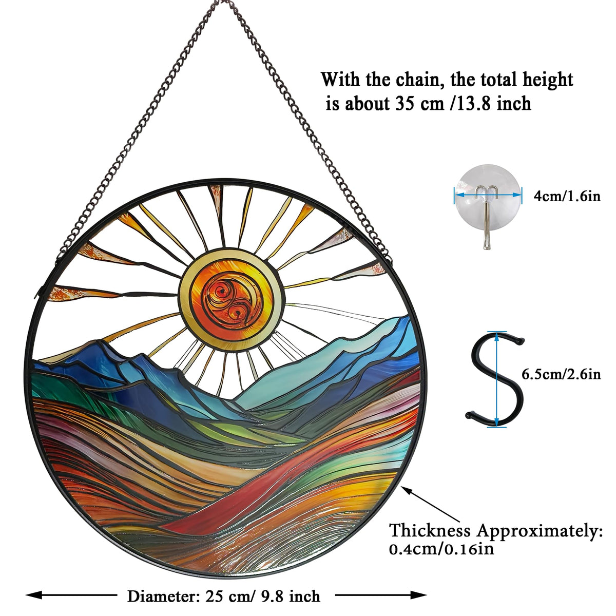 ZUSANG Sun Mountains Stained Glass Window Hanging, 9.8’’Sun Catcher Glass Panel Boho Wall Art Decor with Chain, Hand Painted Round Glass Gifts for Couples, Housewarming Gift