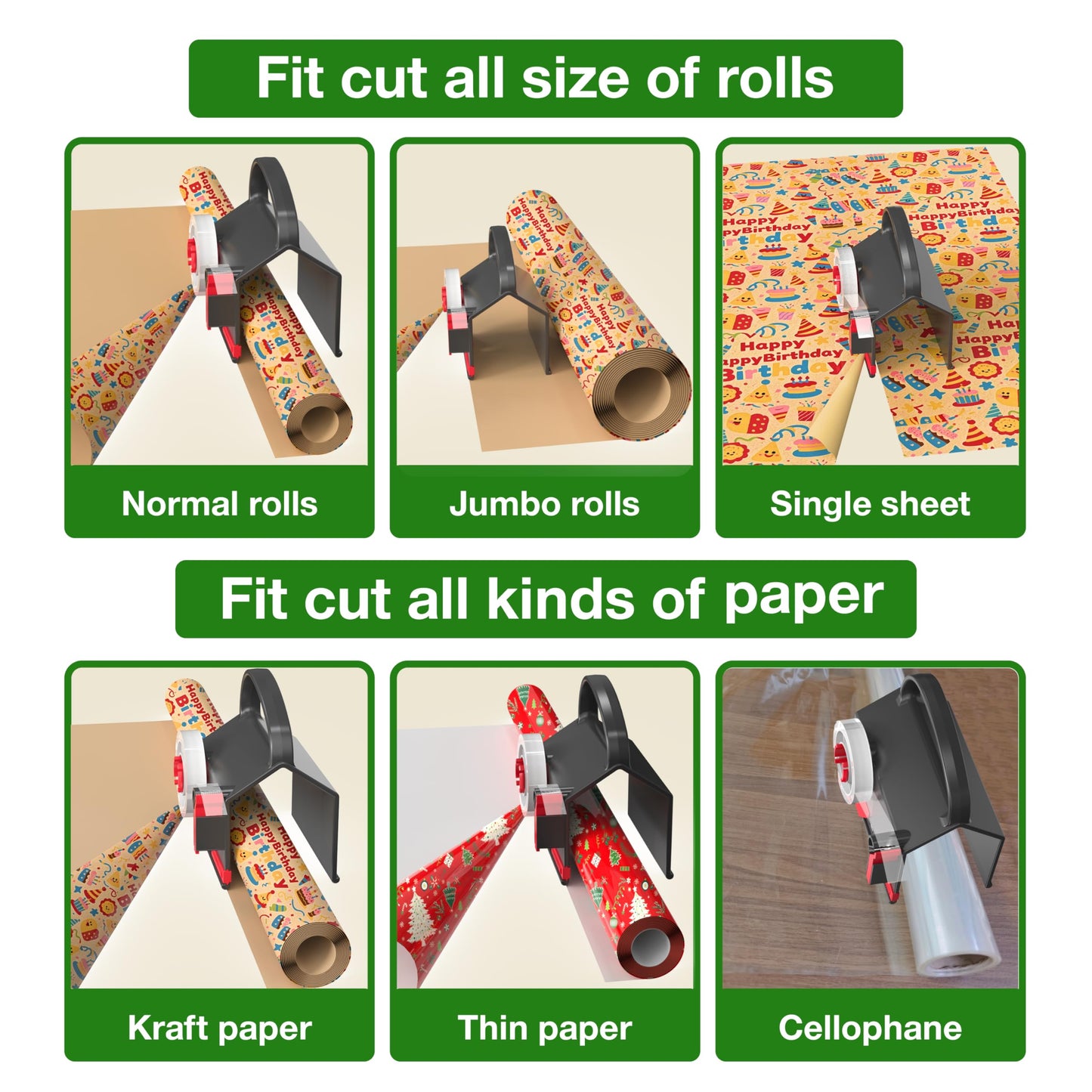 Wraprocut (2-Pack) Wrapping Paper Cutter & Tape Dispenser Dual Use with 4 Tapes，2 Replace Blades Kit for Christmas Gift Wrap Cutter Tool Paper Roll Holder Tube Sliding Slicing for Birthday Holiday.