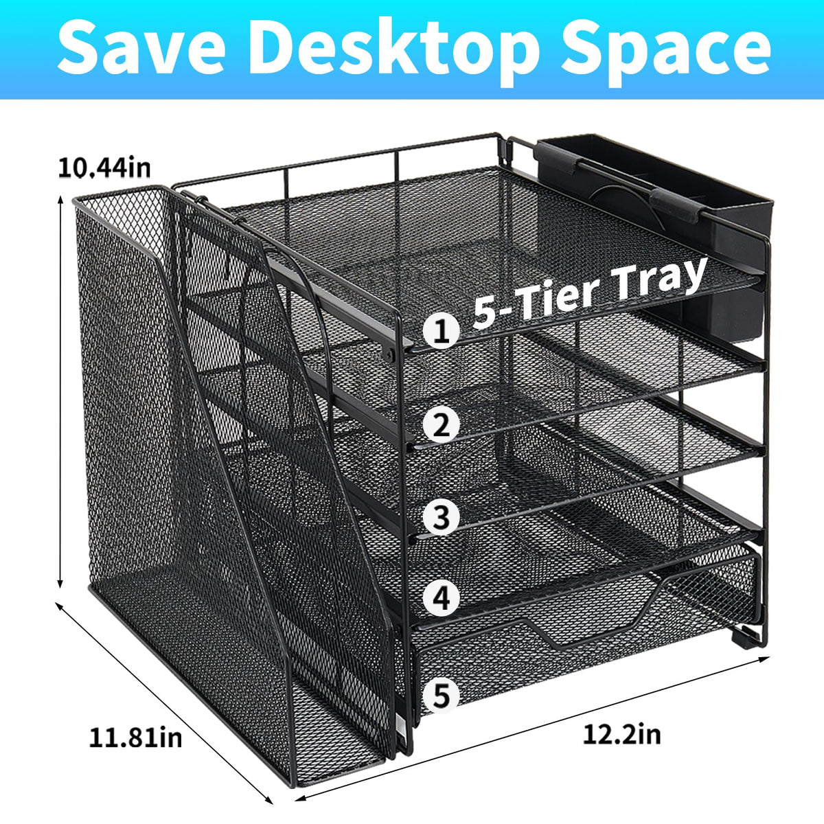 Gugsey Desk Organizer, 5-Tier Paper Letter Tray Organizer with File Holder, Drawer and Pen Holder, Desktop Organizer for Office Supplies, Black