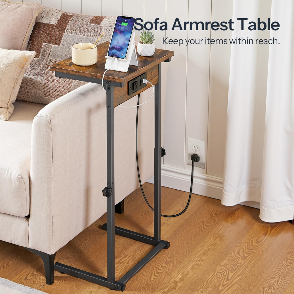 HOOBRO C-Shaped End Table with Charging Station, Adjustable Height Sofa Tray Side Table, Slide Under Couch Arm Table, Small C Side Table for Small Space in Living Room, Bedroom, Rustic Brown BF71USF01