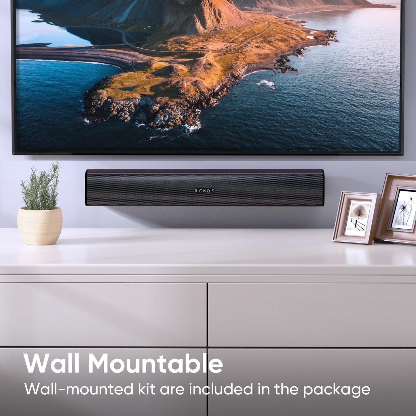 RIOWOIS Sound Bar for Smart TV, Soundbar for TV with Bass Reflector and Easy Set up, Home Audio Surround Sound System for TV PC Projector, Wall Mountable