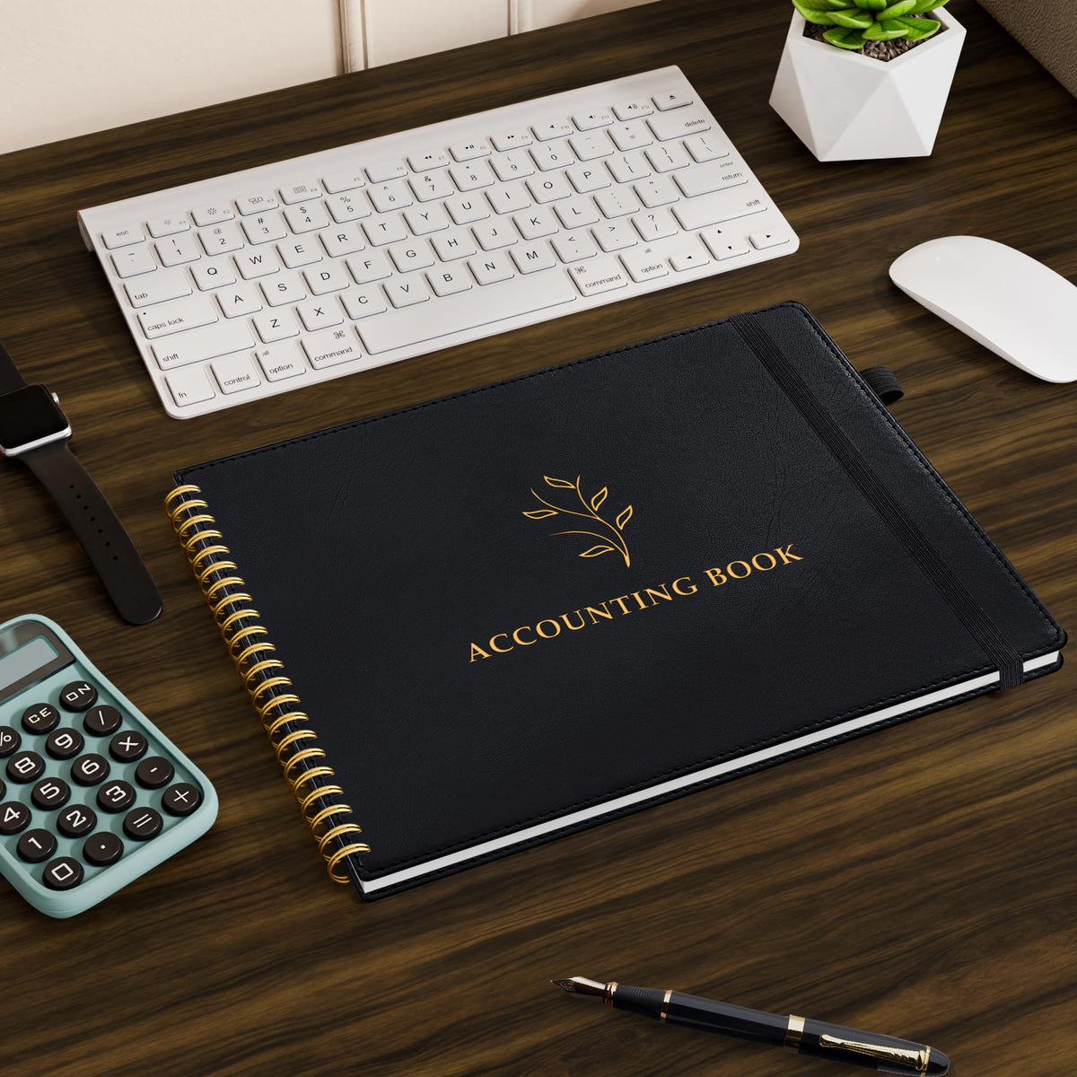 AKONEGE Accounting Ledger Book for Personal & Small Business Bookkeeping, Horizontal Income and Expense Tracker Notebook with Calendar, Hardcover Columnar Log Journal 10.78'' x 8'', Black