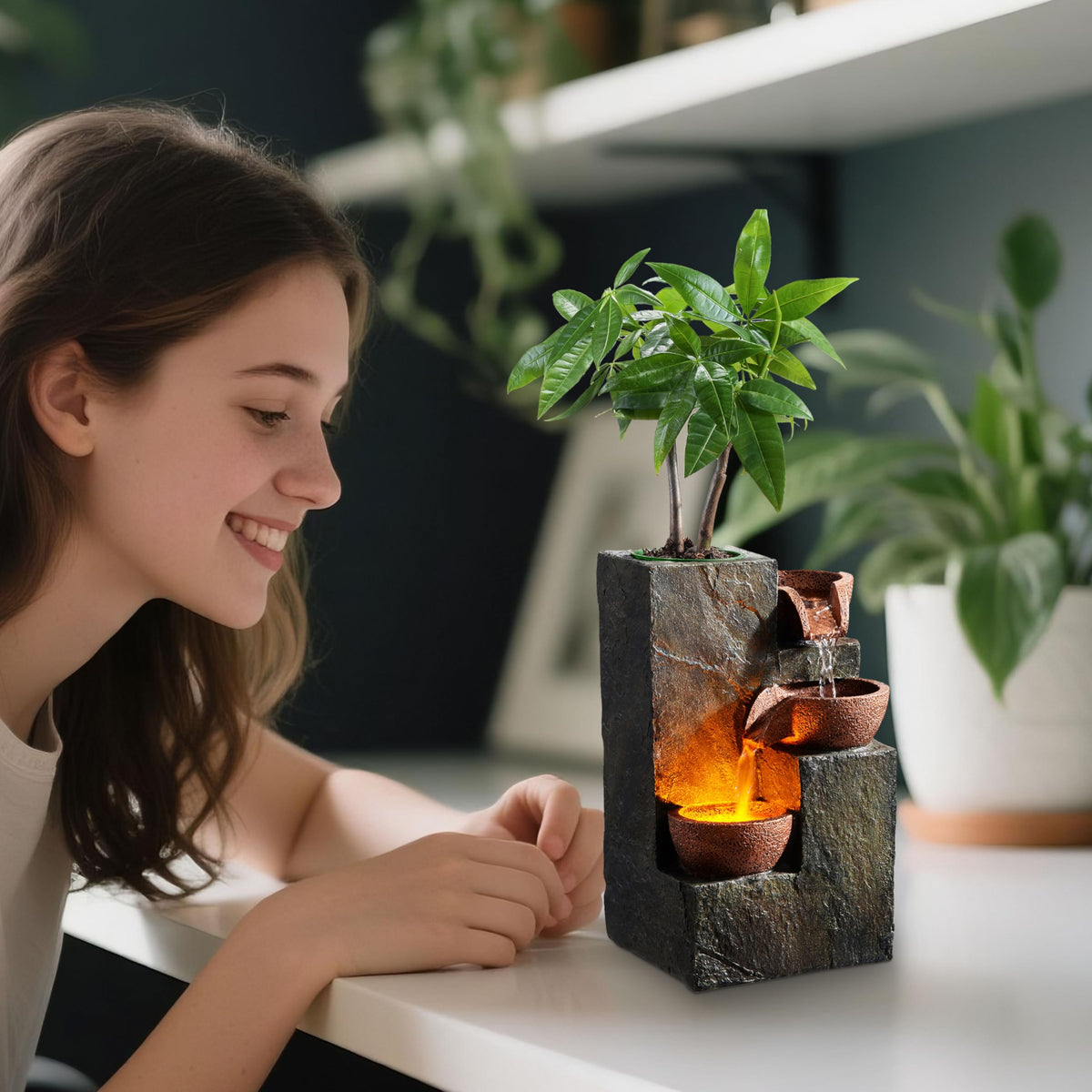 MSEONWXI Tabletop Indoor Water Fountain – 3-Tier Rock Waterfall Fountain with Warm LED Light and DIY Planting Pot – Relaxing Small Water Feature for Desk or Home Decor (23061)