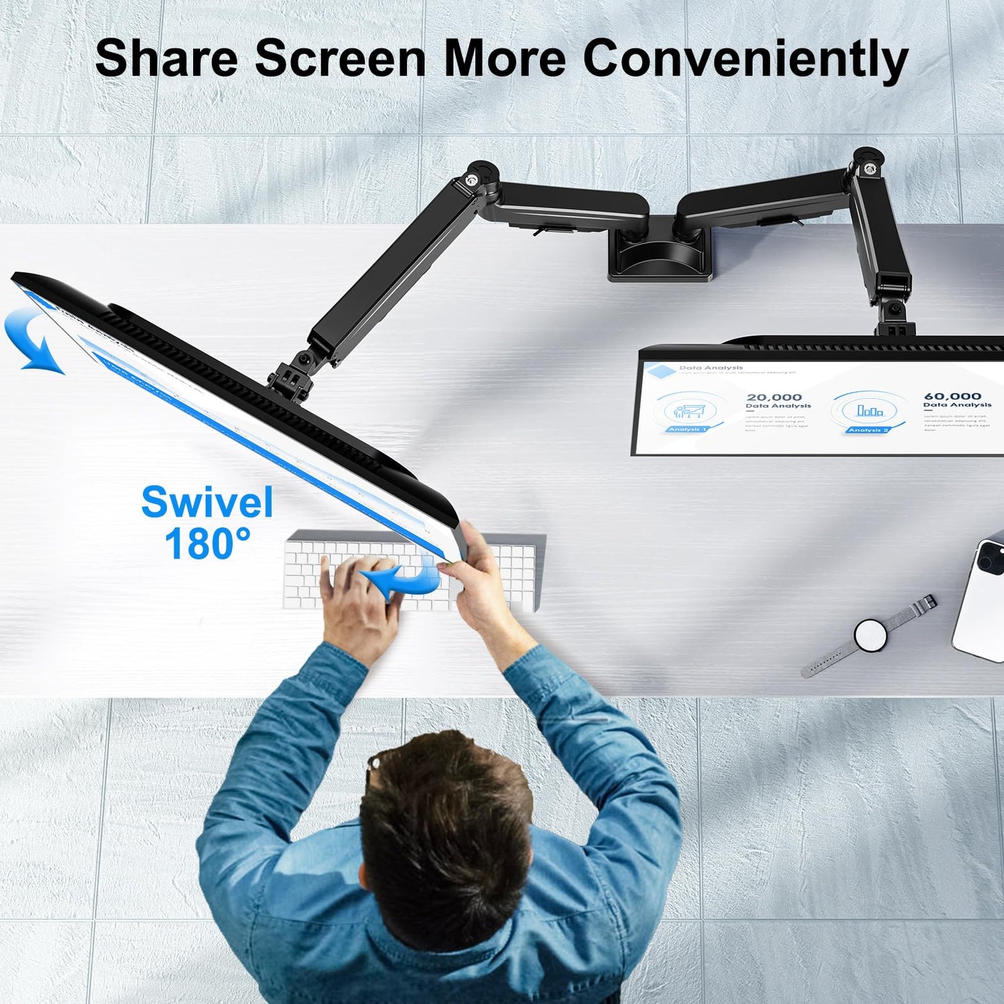 ErgoFocus Dual Monitor Mount for Screens up to 43", Heavy Duty Ultrawide Dual Monitor Arm Holds 2.2-33lbs Each, Premium Gas Spring Adjustable Computer Monitor Stand for 2 Monitors, VESA Desk Mount