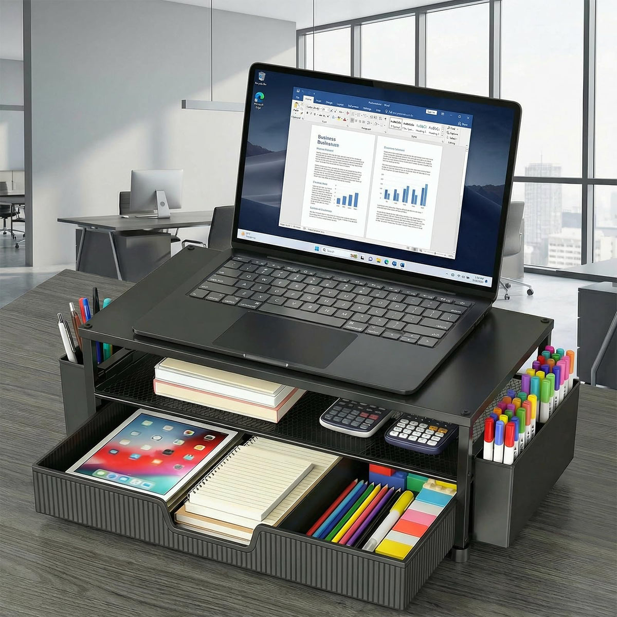 ECOLOVI Desk Organizer and Accessories, 2-Tier Computer Monitor Stand Rise with Storage Drawer & 2 Pen Holders, Laptop & Printer Stand for Desktop, Workspace Organizers for Office Supplies (Black 2-Pack))