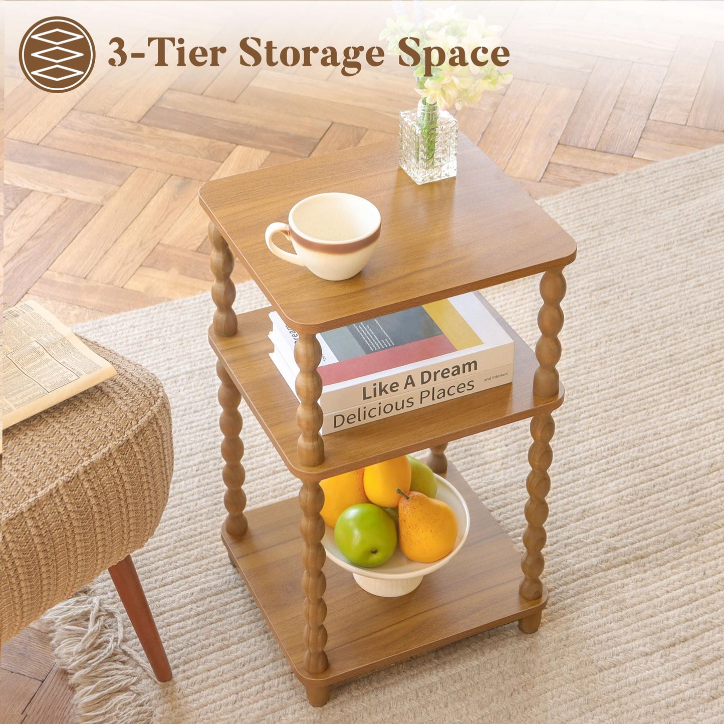 Fultyle End Table, Small Side Table with 3 Tier Open Shelf, Modern NightStand Accent Table for Small Spaces, Living Room and Office (Caramel Tan)