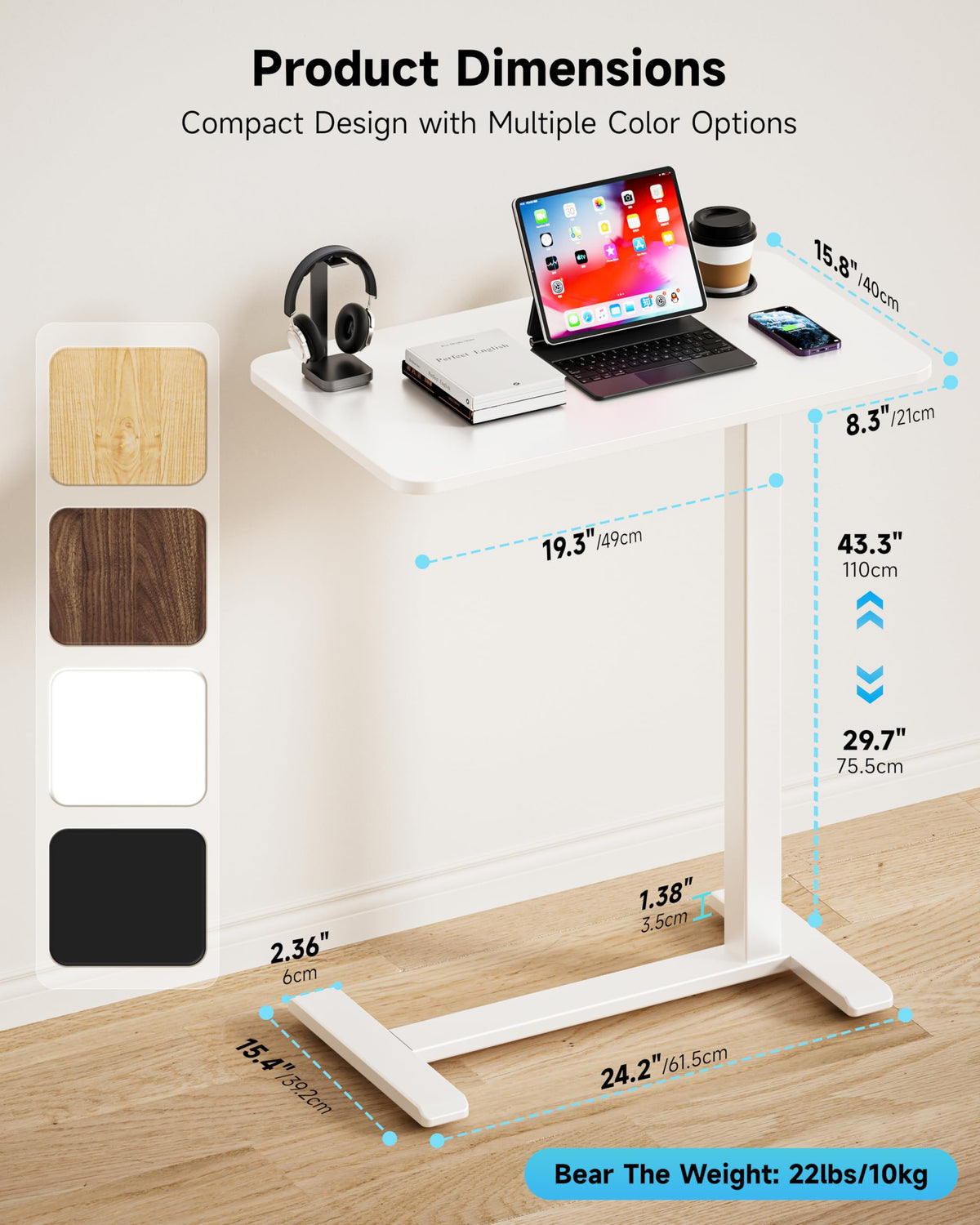 BIZUM Adjustable Bedside Table with Swivel Hidden Wheels Pneumatic Rolling Desk Mobile Standing Desk with Cup Holder for Hospital Home(27.6"x15.8" White)