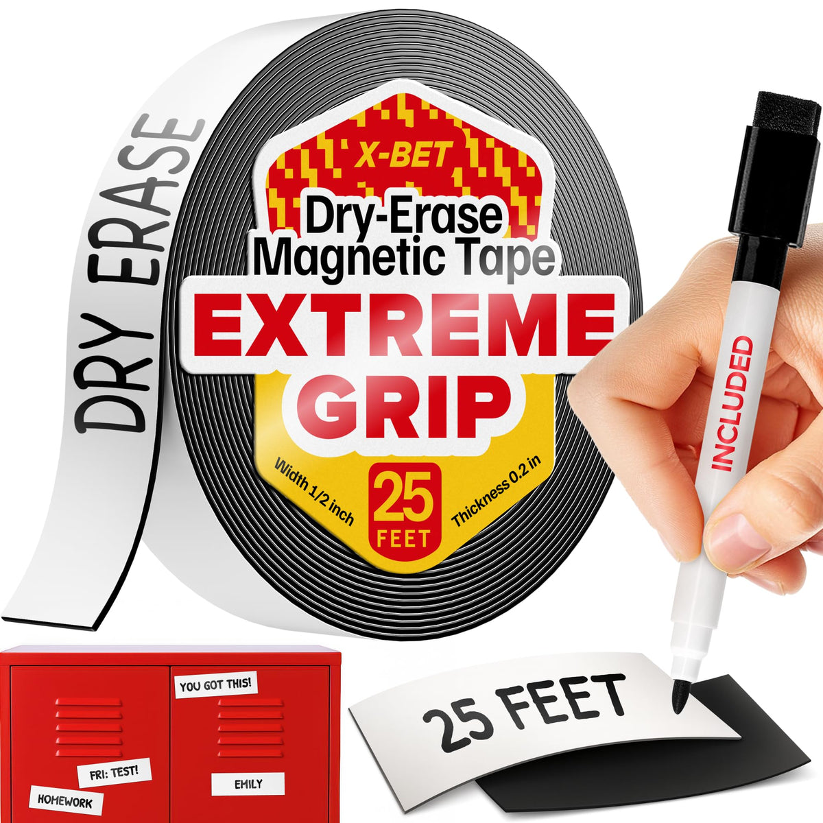 X-bet MAGNET Magnetic Strips - 1 Inch x 25 Feet Magnetic Tape Roll - Blank Write On Magnets - Sticky Labels and Stickers - Writable Flexible Magnet Sheet for Whiteboards, Refrigerator and Crafts