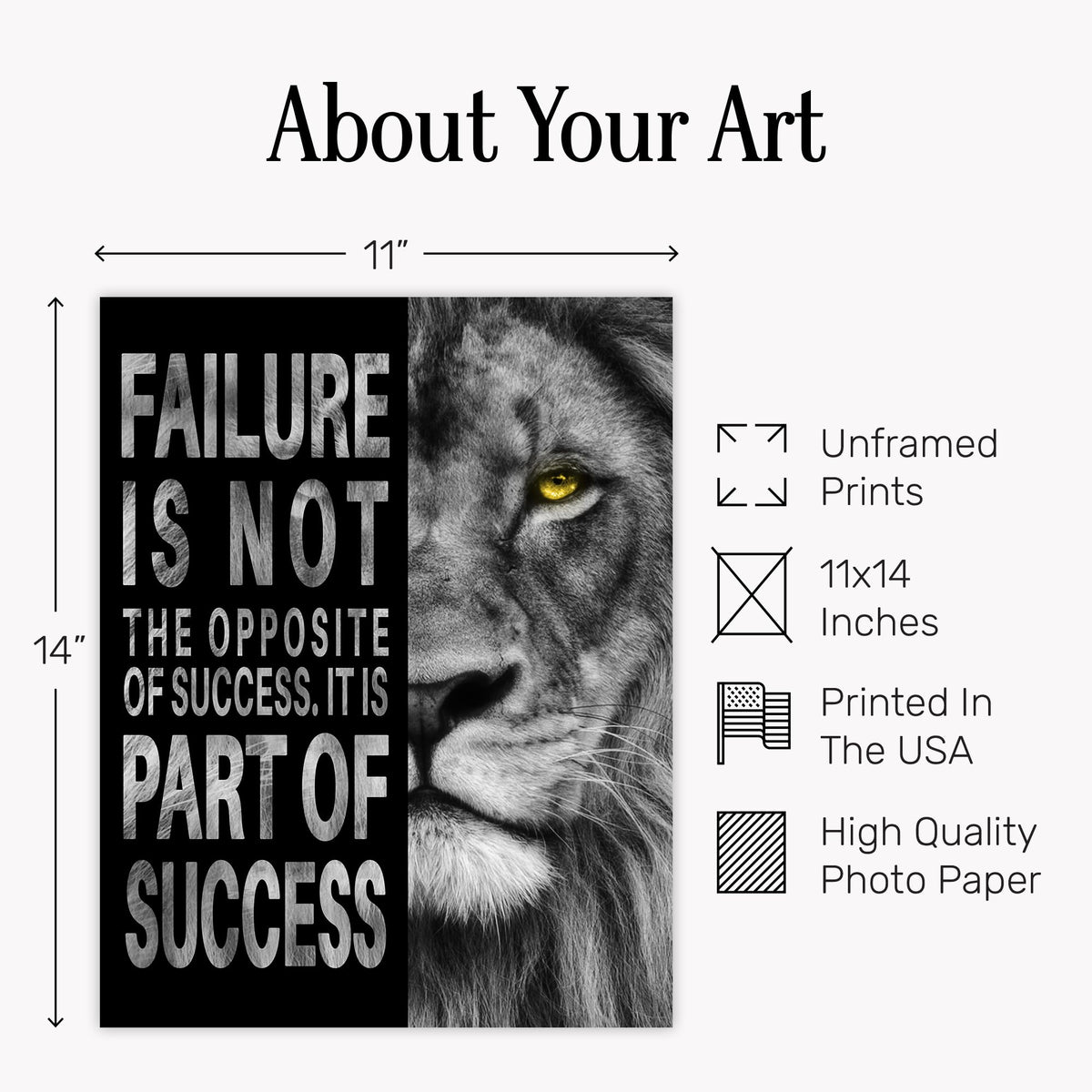 Office Wall Decor for Men 11x14 - Motivational Wall Art - Lion Success Quote Poster - Masculine Inspirational Art - Black and White Motivational Quotes - Home Office Gym Decoration - UNFRAMED