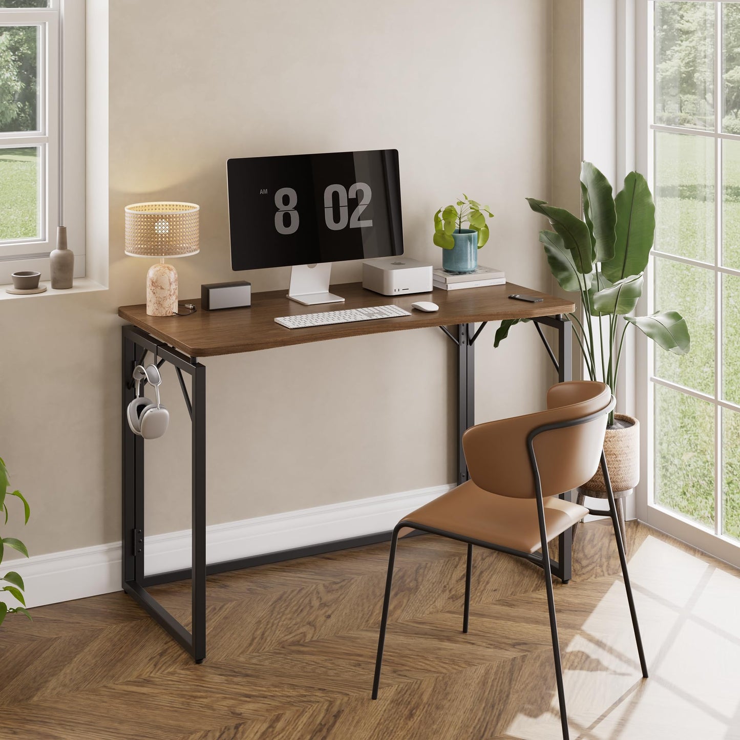 JOYMOOP 31.5" Folding Desk - Brown, No Assembly Small Foldable Desk for Home, Office, Wooden Top Folding Computer Desk for Working, Writing, Studying