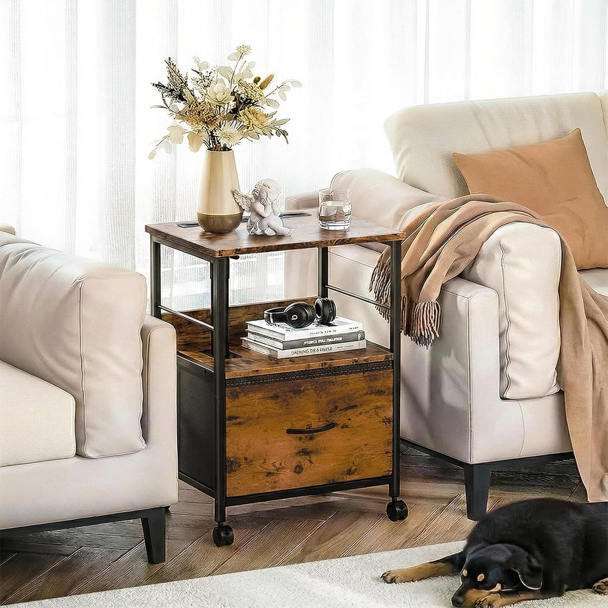 Faesun Swivel Lift Top Nightstand, Rolling Side Table for Recliner, Bedside Table with Wheels & a Fabric Drawer, for Small Spaces, for Bedroom, Living Room, Brown
