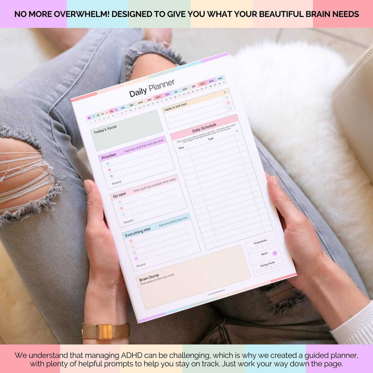 ADHD Daily Planner Notepad for Neurodivergent Adults - Productivity Daily Planner Desk Pad & Task Management to Stay Organized and Focused Note Pad (Rainbow, A4 Portrait)