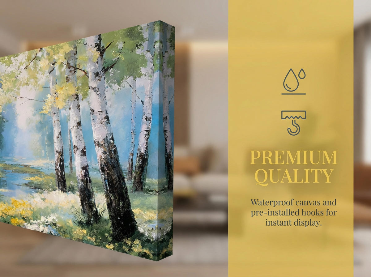 Ardemy Birch Forest Stream Canvas Wall Art, 40"x20" Hand-Painted Texture Landscape Painting with Wildflowers, Calming Nature Scenery for Living Room Bedroom Bathroom Home Office Decor