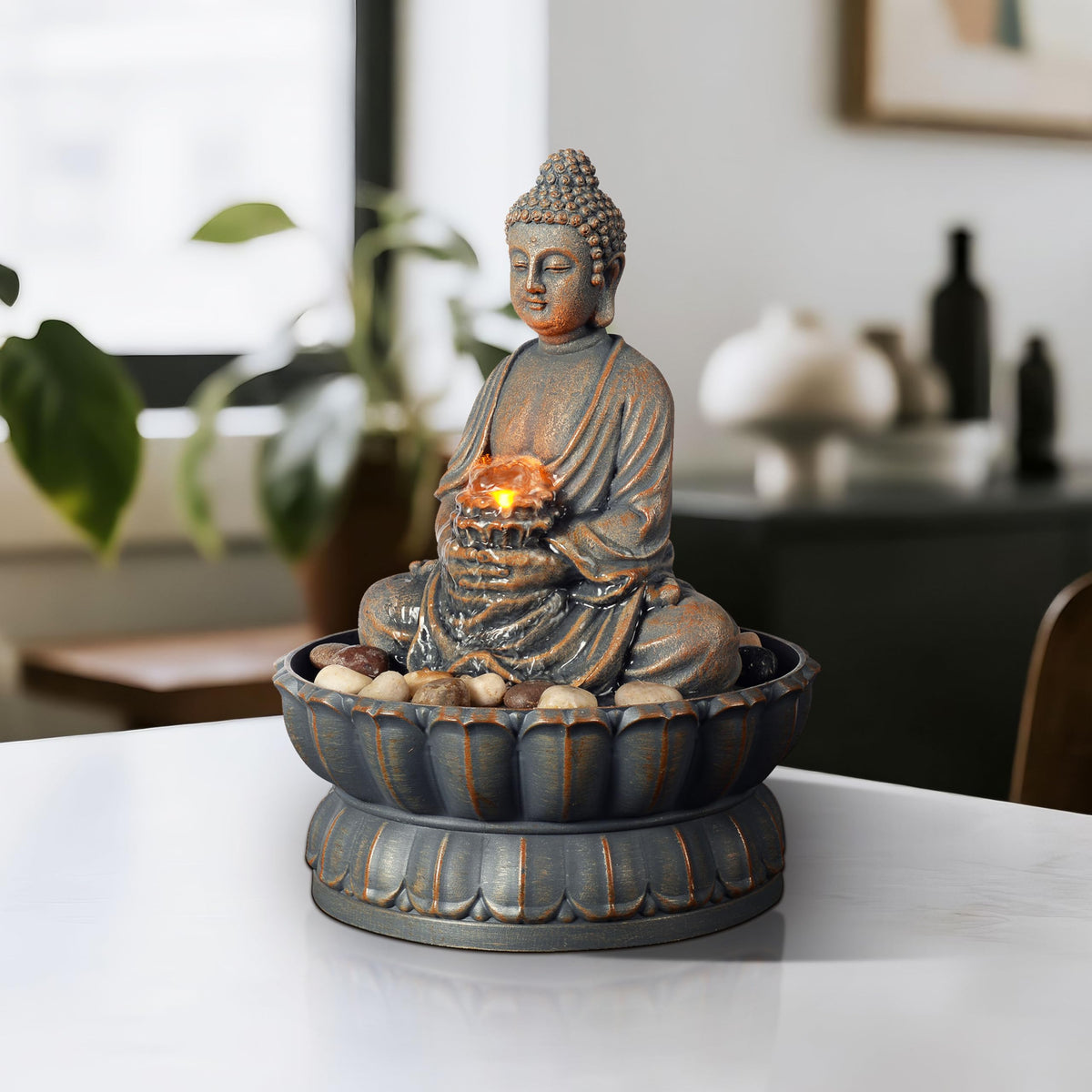 Kalona Home Décor 9.6" Tabletop Fountain Exquisite Smile Sitting Buddha Fountains Desk Water Fountain Decorative Zen Fountain w/Reflective Lighting/Cobblestone Office and Home Decor(21125A)