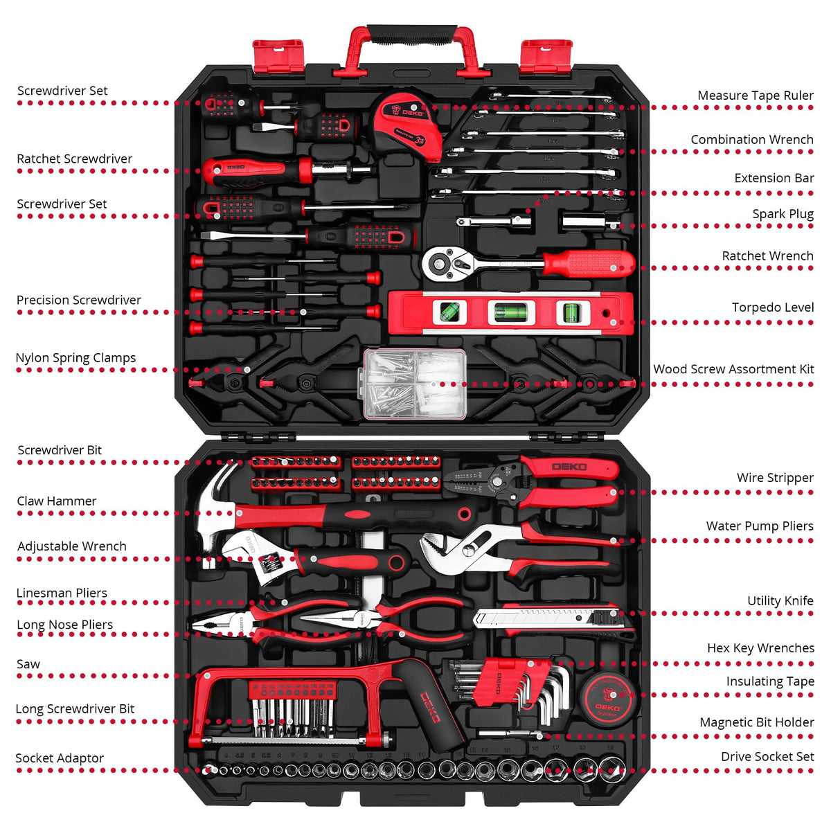 DEKOPRO Tool Set:228 Piece Home Tool Kit, Household Basic Repair Tool Set Comes with Plastic Storage Case, Socket Wrench Set for Car-Red