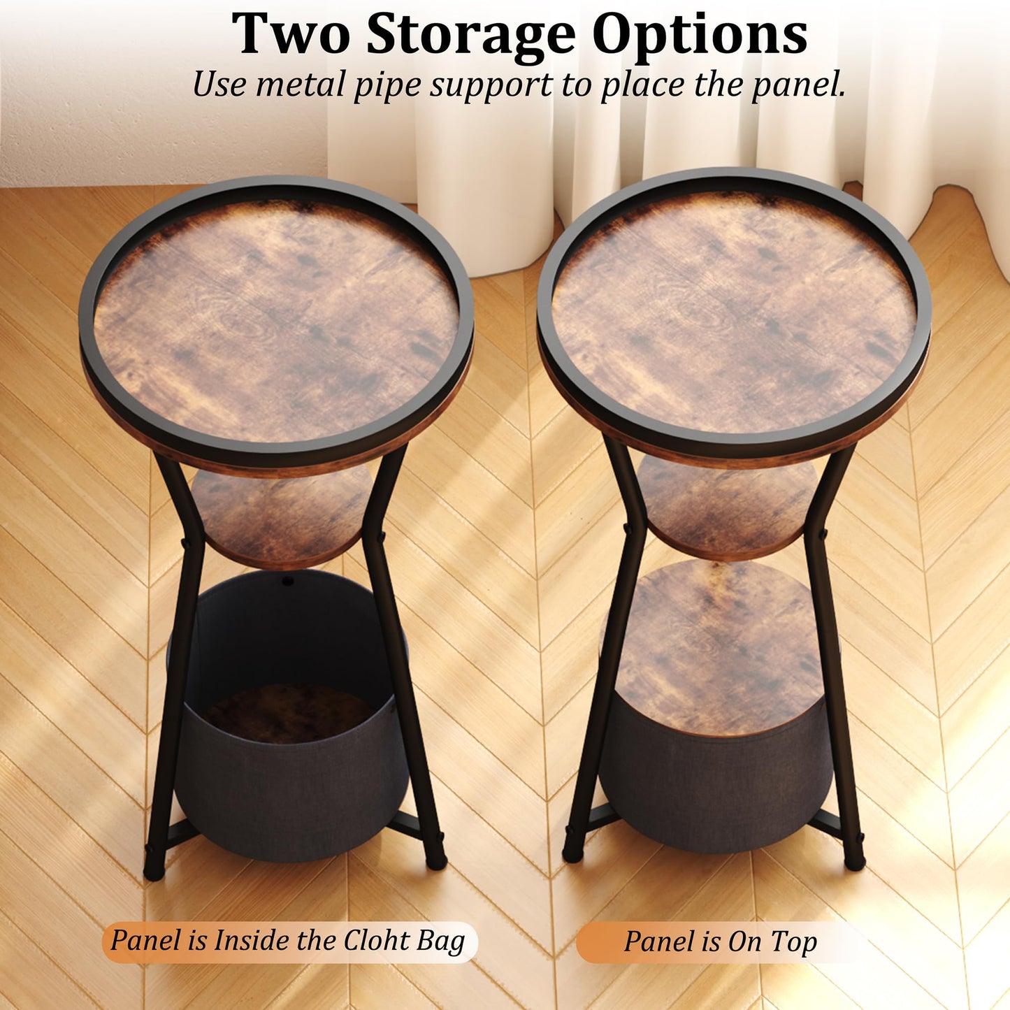 Yusong Round Side Table with Charging Station, Small Drink Table for Small Spaces, 3-Tier Industrial End Table, Accent Nightstand Bedside Table for Living Room, Bedroom, Sofa Couch, Rustic Brown