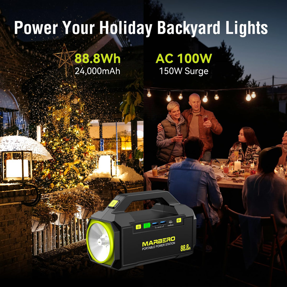 MARBERO Portable Power Station 88.8Wh Camping Portable Charger with Flashlight High Lumens Fast Charging Power Bank with AC Outlet 100W (150W Surge) for Hiking Hurricane Backup Emergencies